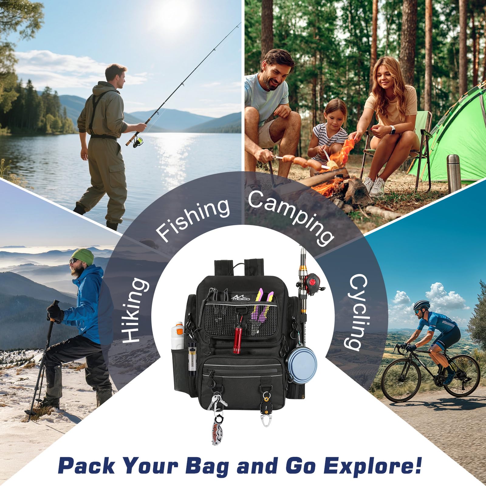 MoKo Mochila de Pesca, Mochila Grande 40L con portacañas y Carpeta de Cebo para Guardar el Equipo de Pesca y el Equipo de Senderismo y Camping, Regalos para Hombres y Padres, Negro