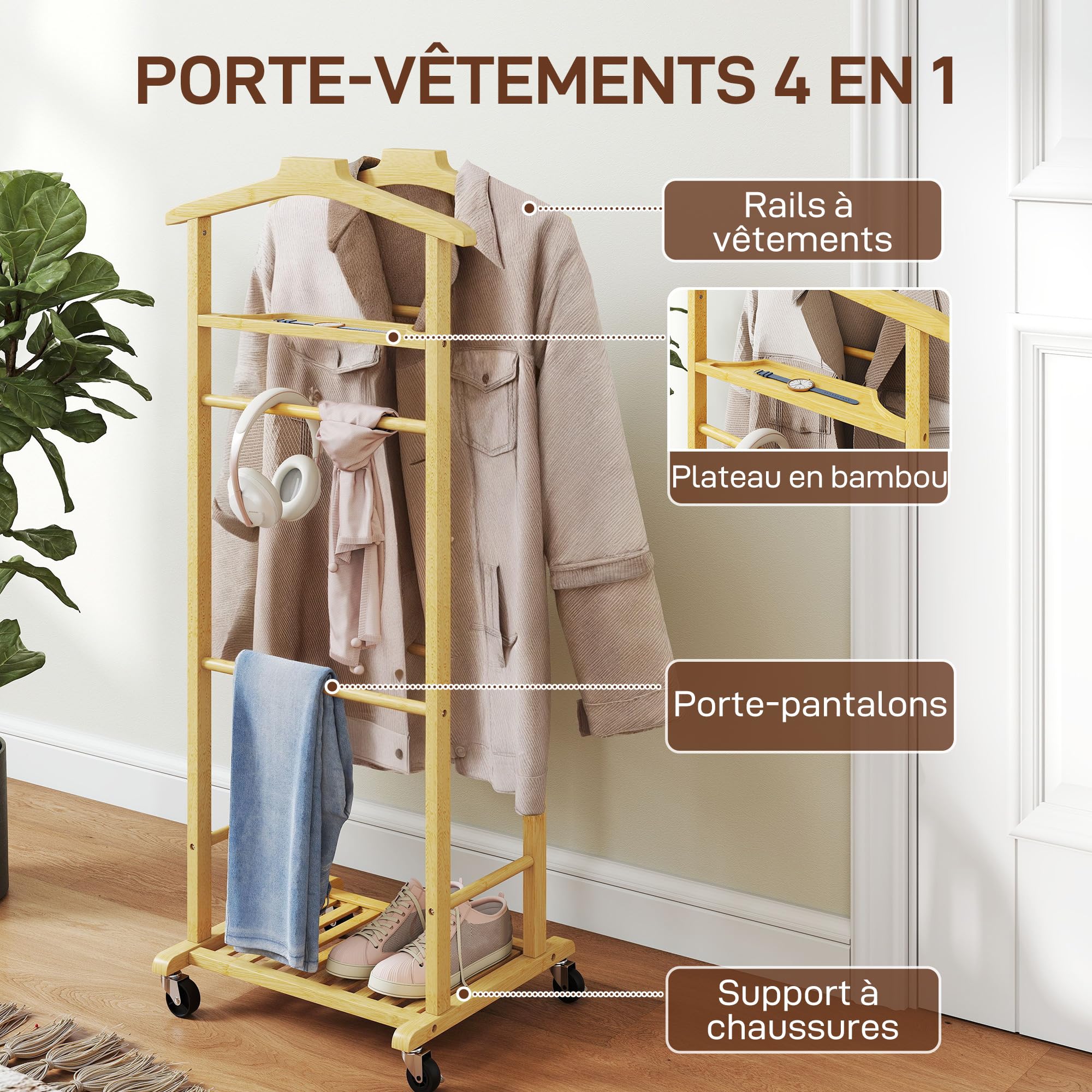 HOMCOM Valet de Chambre à Roulettes Bambou Double Cintre Bois Naturel | Portant à Vêtements, Tige à Pantalons, Plateau à Accessoires, Étagère, Porte-Manteaux, Chambre, Buanderie