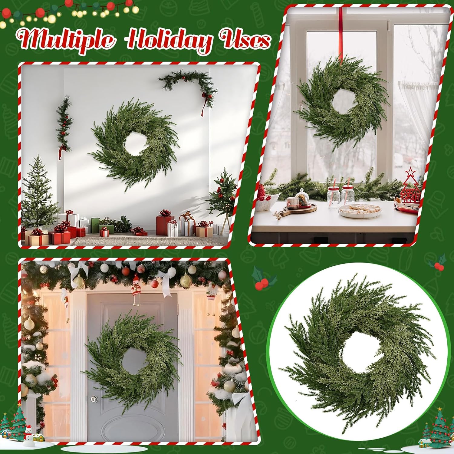 Christmas Norfolk Pine Wreath, 24 Inch Christmas Wreaths for Front Door, Real Touch Pine Wreath, Large Artificial Green Wreaths for Walls Windows Porches Farmhouse Indoor Outdoor Home Decor