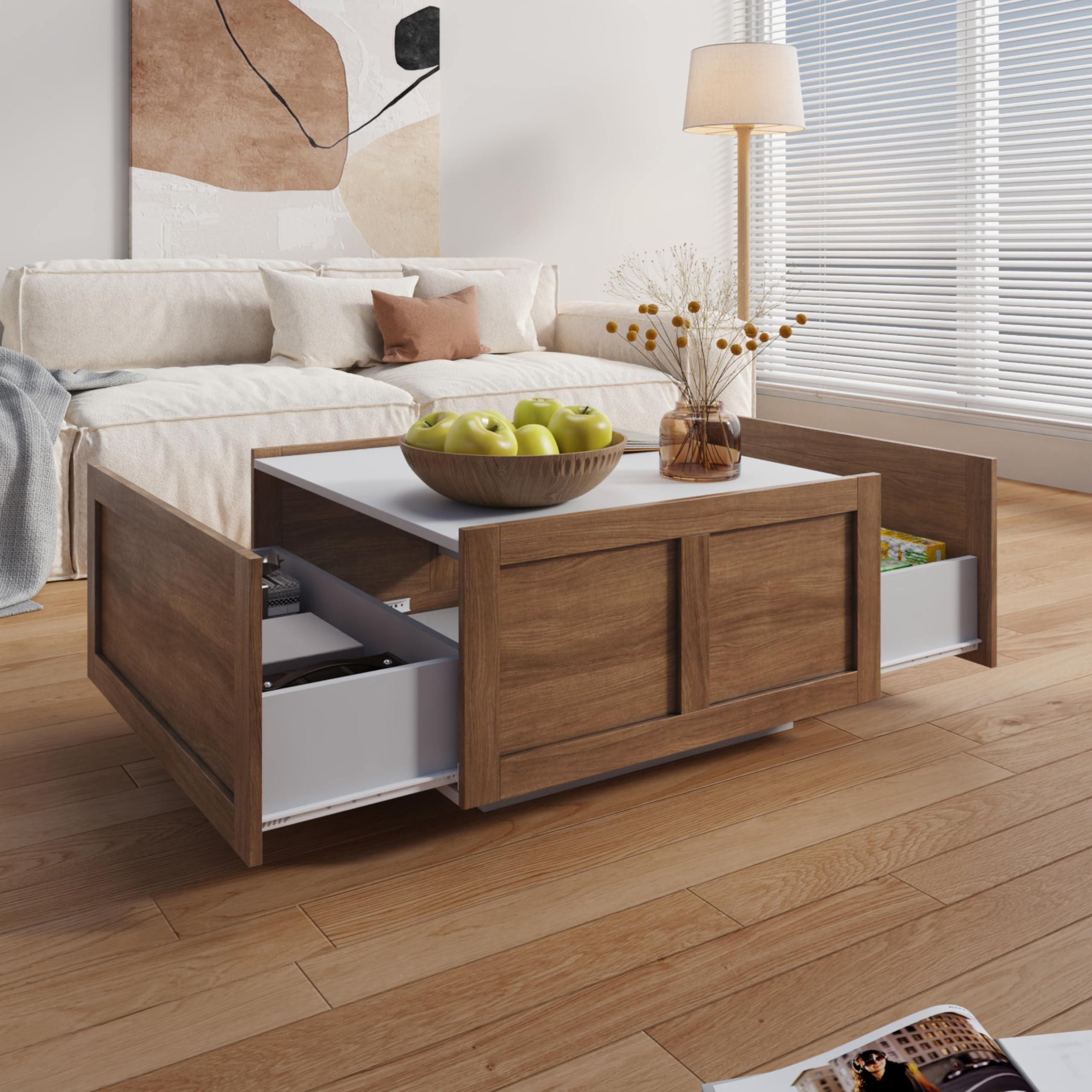 KEEPREAPER Farmhouse Coffee Table with 2 Storage Drawers for Living Room, Square Center Middle Table Modern Cocktail Table, Contemporary MidCentury Wood Home Office Waiting Room (White Brown)