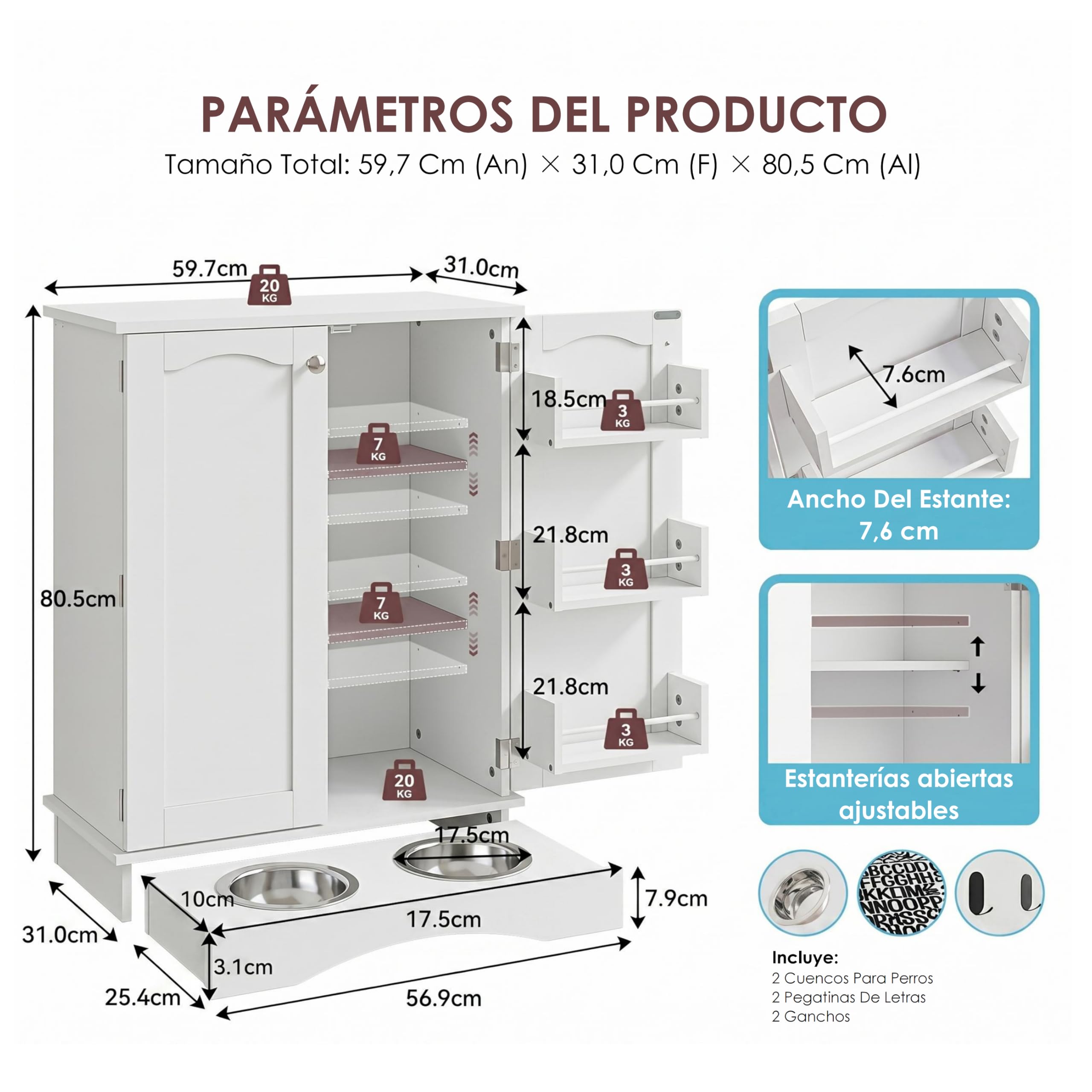Armario para Comida de Perro con 2 Cuencos de Acero Inoxidable, Estación de Alimentación para Mascotas con Estantes Ajustables y Almacenamiento Lateral, Blanco, 59,7 x 31 x 80,5 cm
