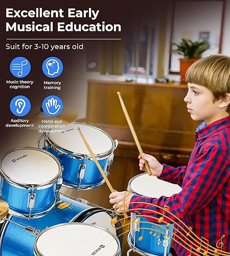 Miniatura 4 de Vangoa Juego de batería junior para niños de 16 pulgadas, 5 piezas, para principiantes, con trono ajustable y platillo, pedal y baquetas, azul