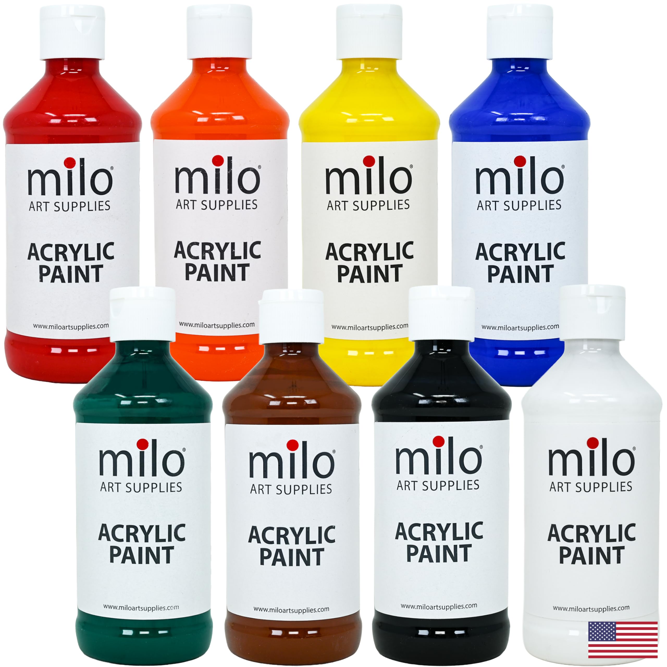 milo Acrylic Paint Set of 8 Colors | 8 oz Bottles | Student Primary Colors Acrylics Painting Pack | Made in the USA | Non-Toxic Art & Craft Paints for Artists, & Hobby Painters