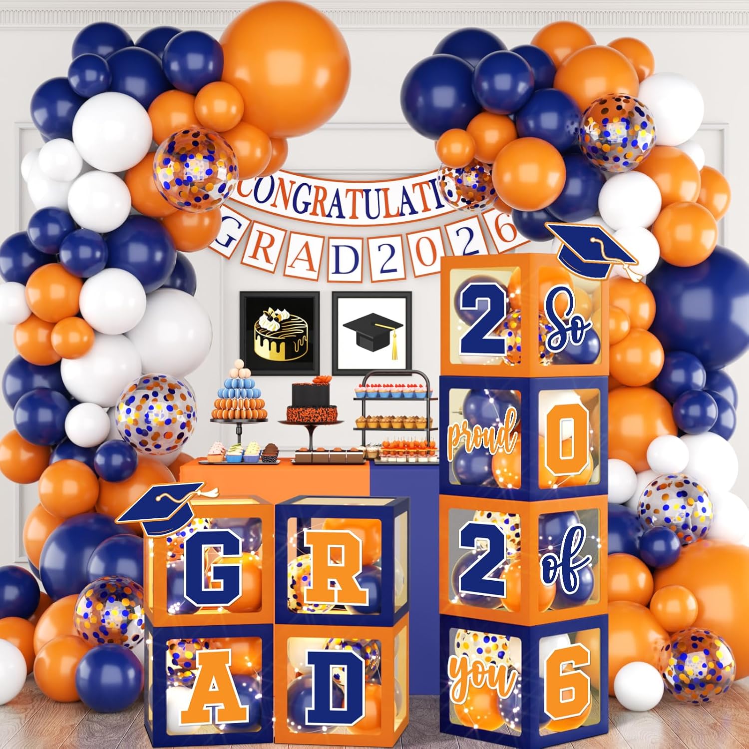 Graduation Decorations 2026 - Set of 4 Grad Boxes with Orange and Blue Balloon Arch Garland Kit So Proud of You 2026 GRAD Decorations for College,High School,Prom Celebrations