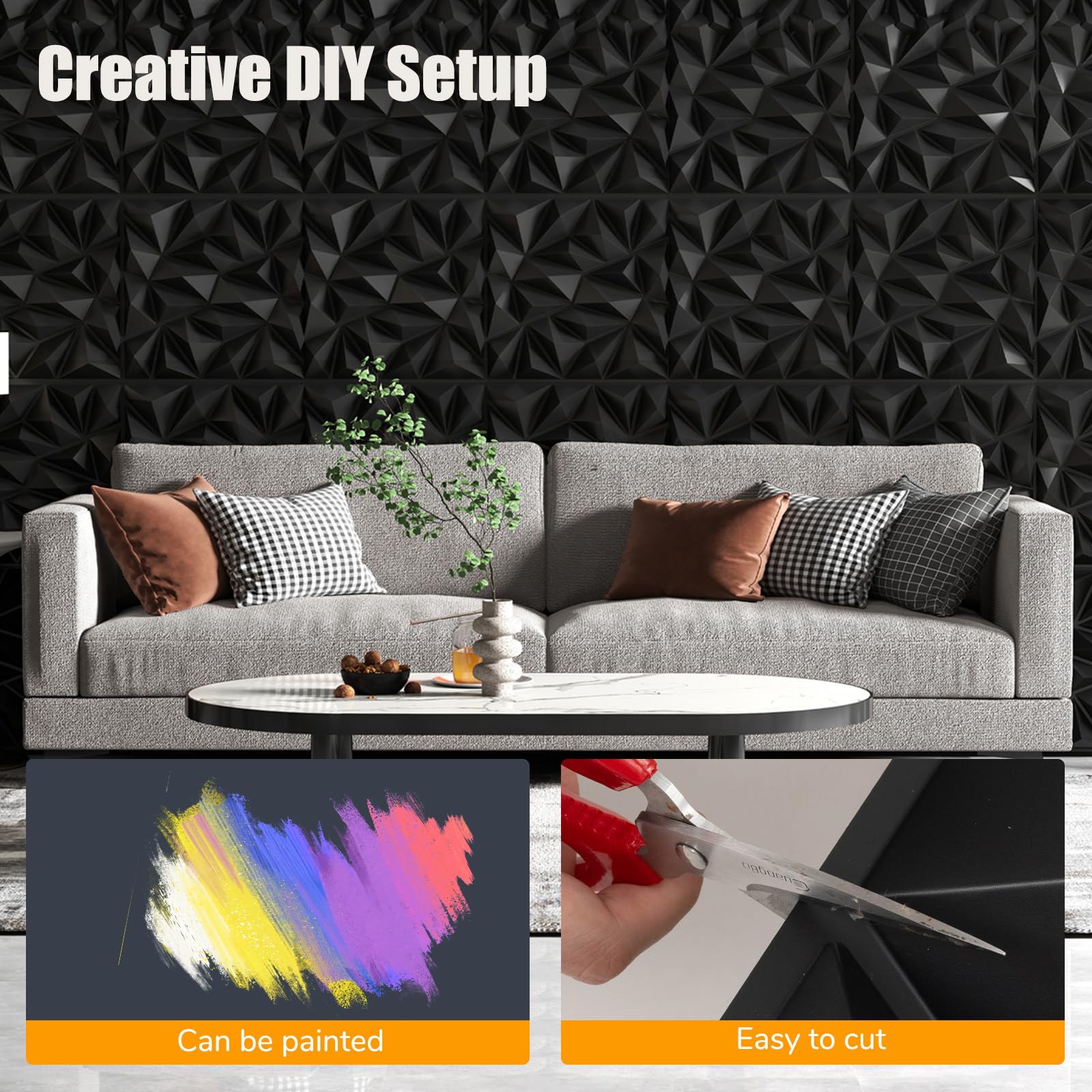 LIFEZEAL 40Pcs 3D Panneaux Muraux en Forme de Losange, 50 x 50 CM Décoration Murale Intérieure en PVC, Panneaux Carrés de Plafond pour Salon Chambre, 10 ㎡ (Noir)
