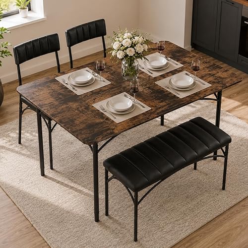 4 EVER WINNER Dining Table Set for 4, Kitchen Table with Upholstered Chairs and Bench, 4-Piece Kitchen Table and Chairs for Small Spaces, Dining Room, Rustic Brown