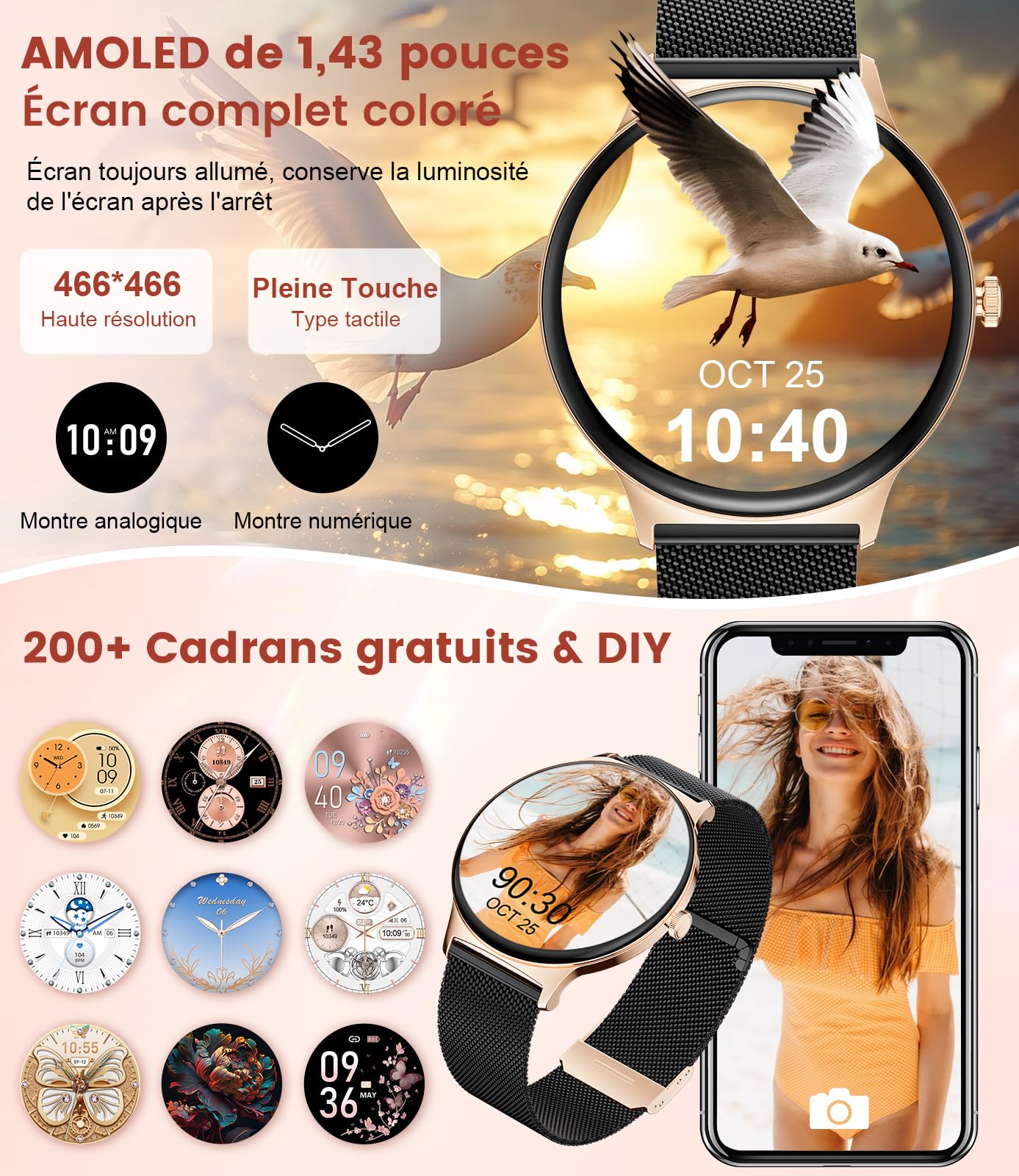 BENYAR SMART Montre Connectée Femme avec Appel Bluetooth, 1,43" AMOLED Écran/120+ Modes Sportifs, SpO2/Fréquence Cardiaque/Sommeil IP68 Étanche pour Android iOS