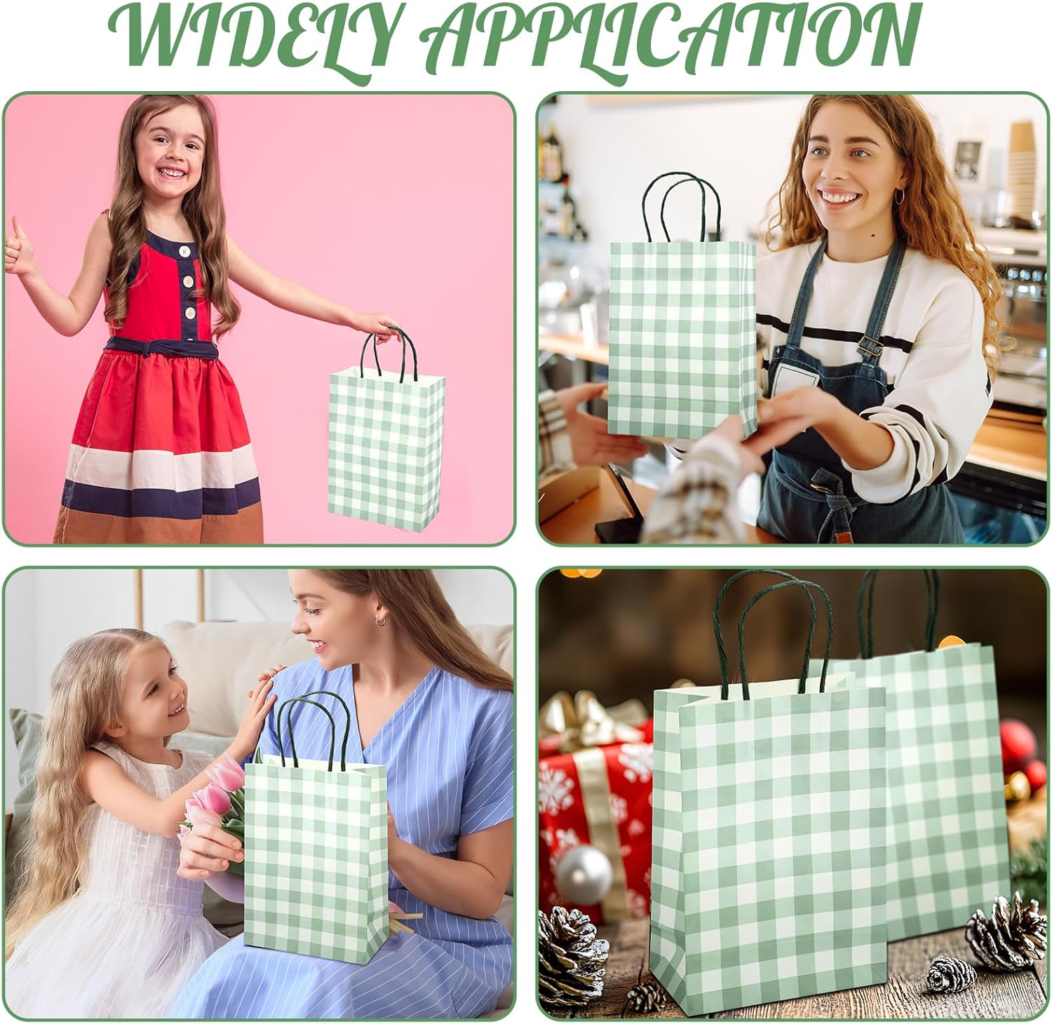 Chinco 30 Pcs Gingham Kraft Paper Gift Bags Bulk with Handles, Rustic Buffalo Plaid Treat Goodie Bags for Party Favors Supplies Christmas Birthday Baby Shower Wedding Candy Cookies Gifts(Green White)