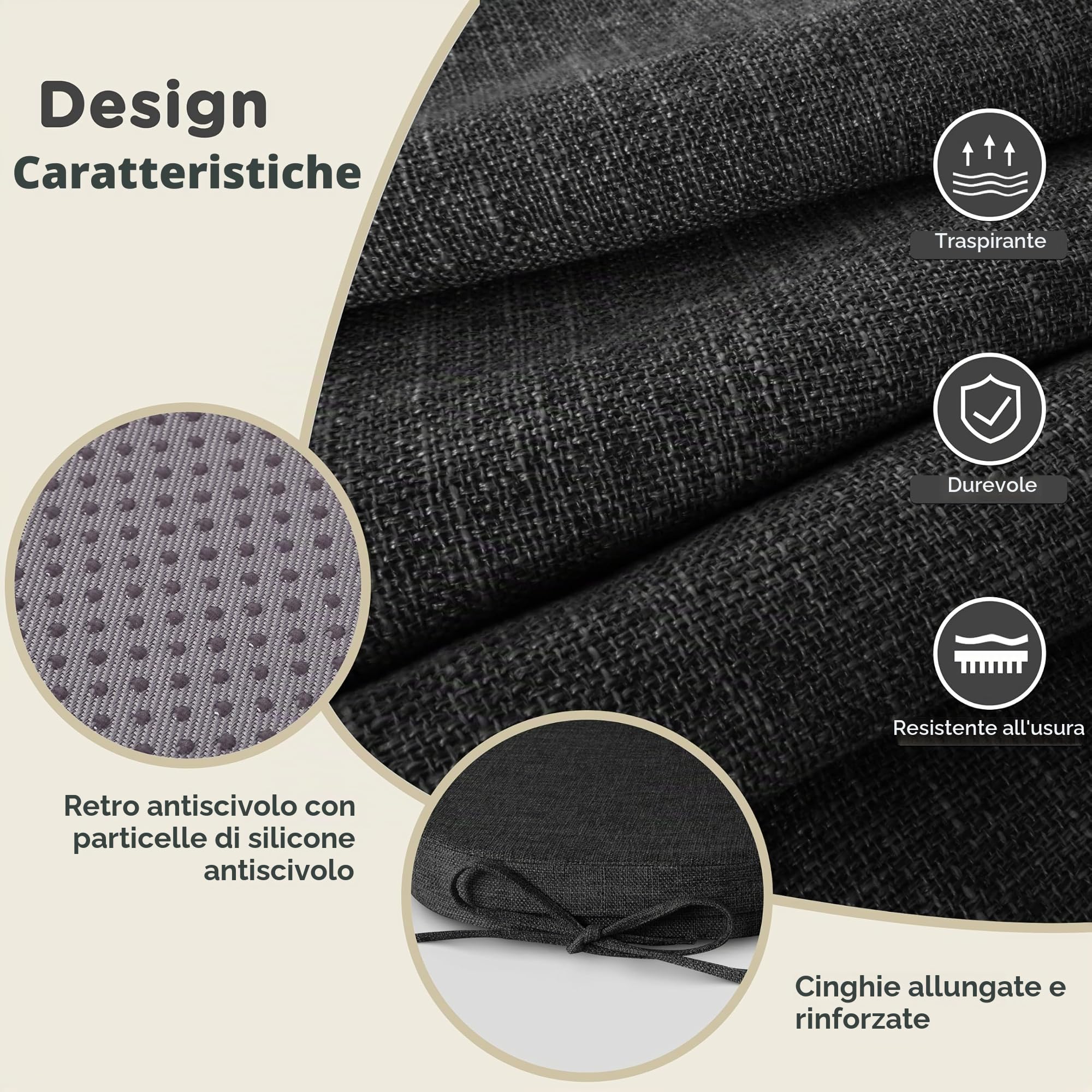 AddGrace Set di 6 cuscini per sedie da sala da pranzo in metallo 14x14 (35,6 x 35,6 cm) cuscini per sedie con lacci antiscivolo spessi con fodera testurizzata e sfoderabile nero