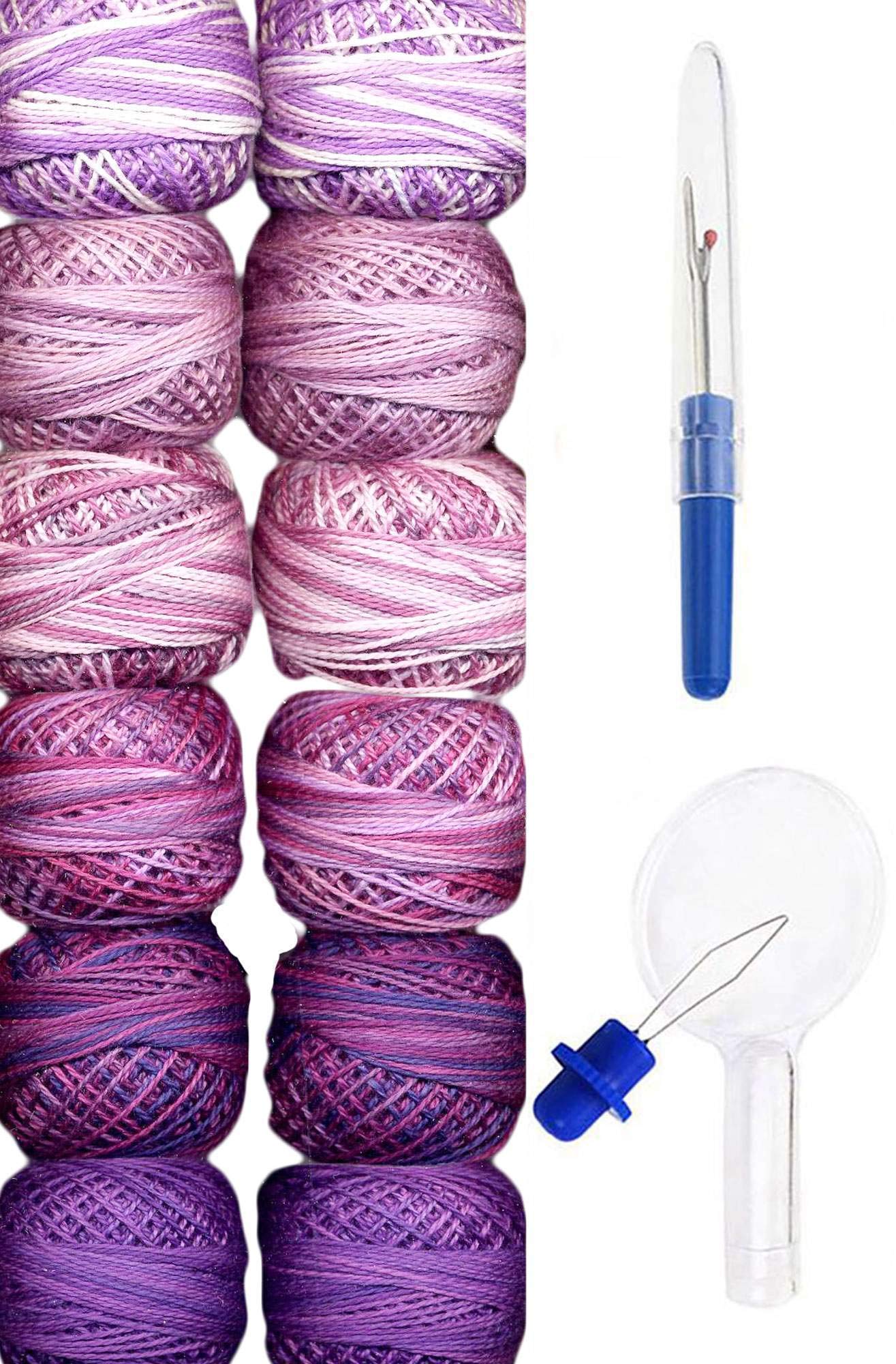 Valdani Stickgarn, Perl-Baumwolle, Größe 12, handgefärbt, 2 Veilchen-Kollektion (PC12-TwoViolets), mit Nahttrenner und Nadeleinfädler