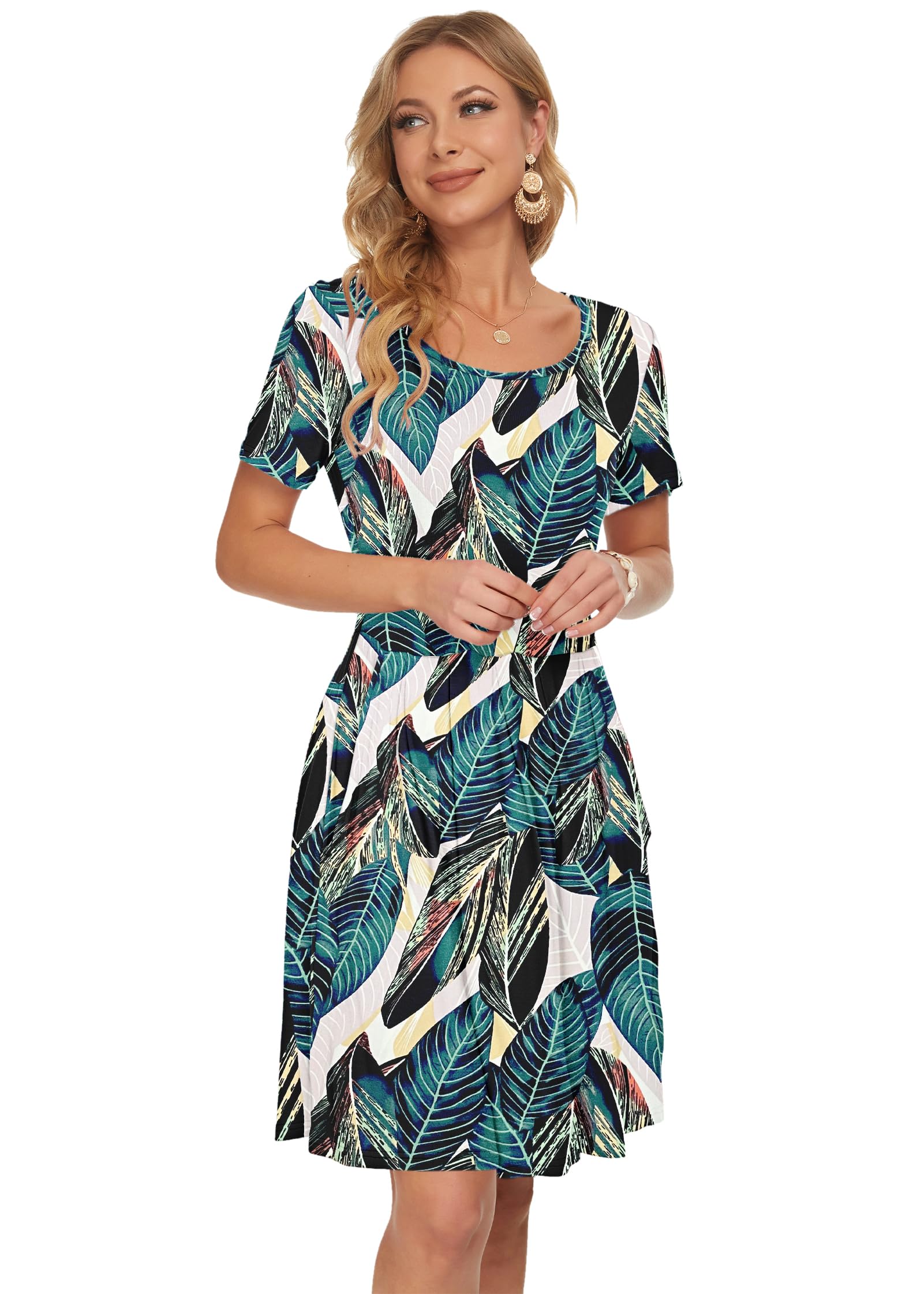 AUSELILY Abito Casual da Donna a Pieghe a Manica Corta con Lunghezza al Ginocchio con Tasche