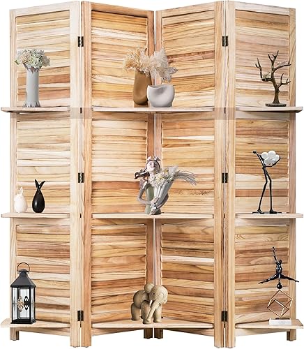 Divisor de habitación de 4 paneles, pantalla plegable de madera de privacidad con tres estantes inteligentes, divisor de madera portátil para Natural