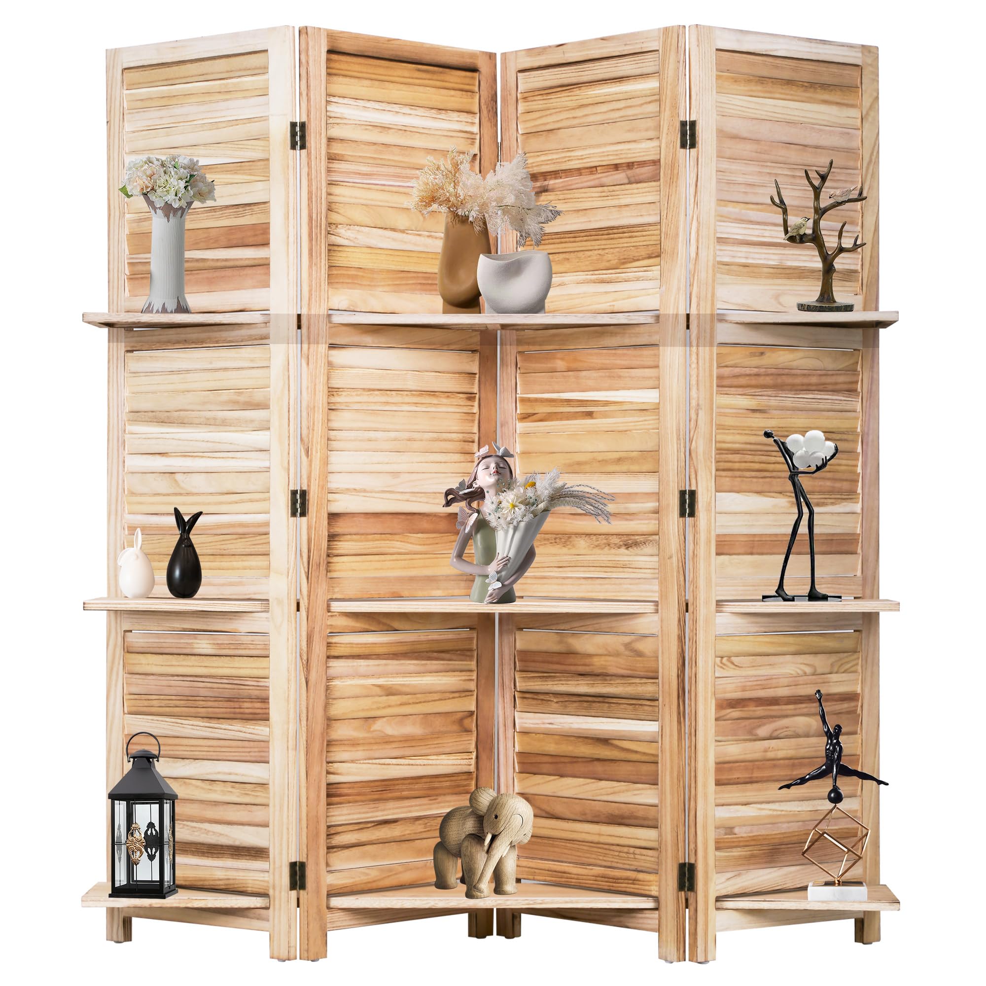 4 Panel Room Divider Folding Privacy Wooden Screen with Three Clever Shelf Portable Partition Wood Divider for Home Office, Natural