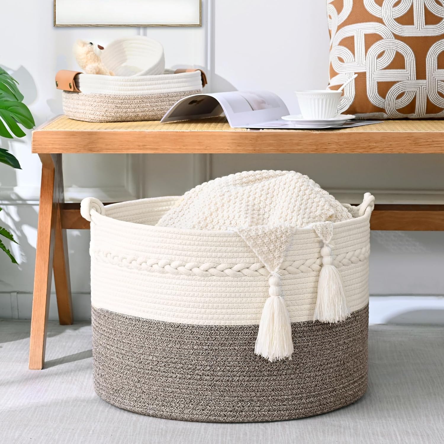 67L Large Blanket Basket, 20"x13" Woven Storage Baskets With Handle, Cotton Rope Blanket Basket Living Room, Baby Laundry hamper for Blanket, Nursery, Toy, Pillow (White & Grey) - Image 4