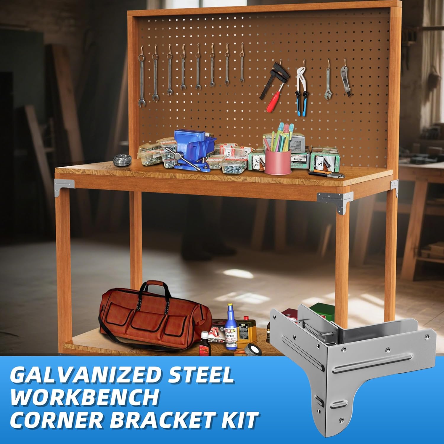Workbench and Shelving Hardware Kit - Galvanized Steel Workbench Bracket Kit - 8 PCS Workbench Corner Brackets with 100 Screws - 2x4 Workbench Kit for Custom Size Table - Fits 1.5"x3.5" Lumber