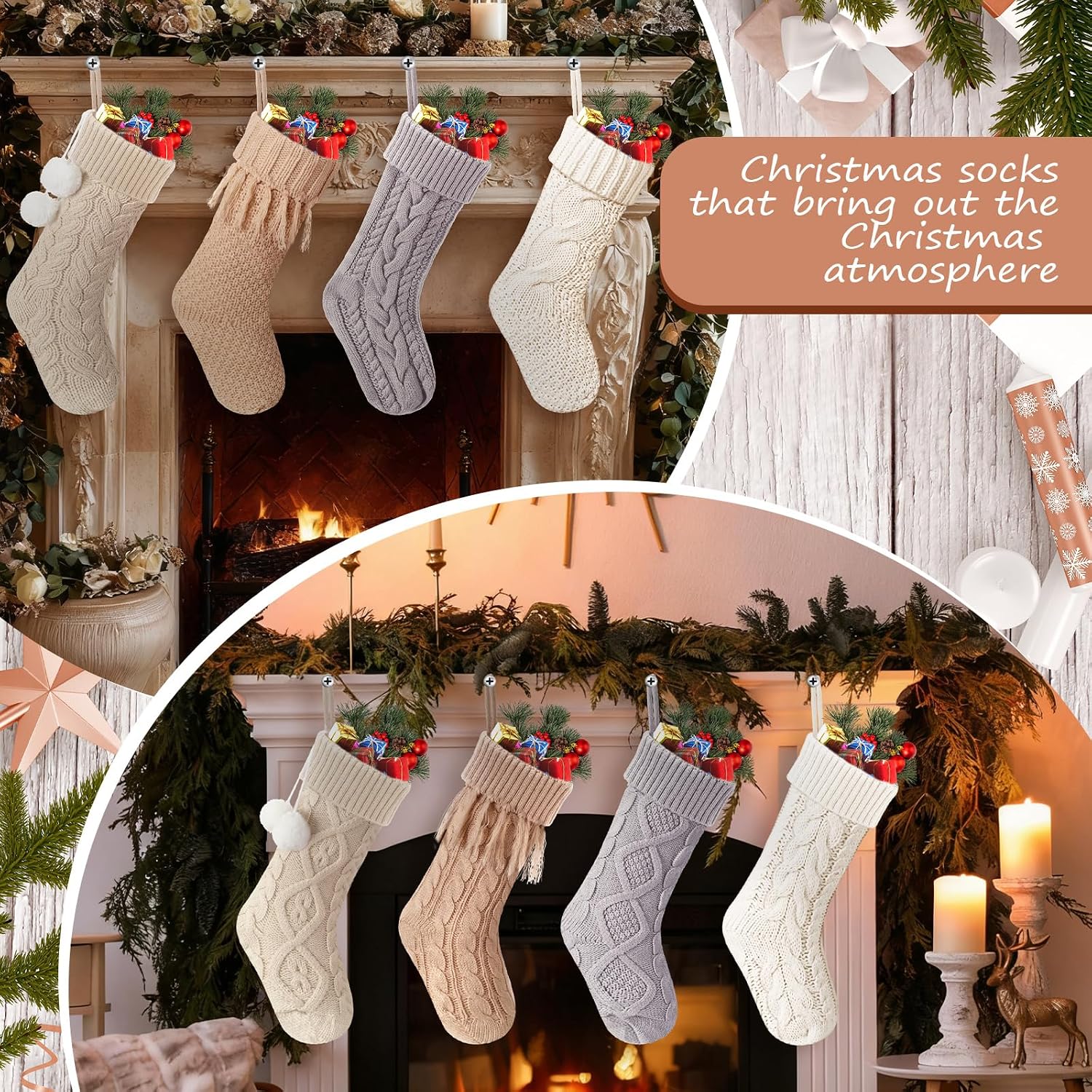 Jenaai 8 Pack Farmhouse Christmas Stockings, 18 Inch Large Rustic Cable Knitted Fireplace Stockings Farmhouse Country Boho Knitted Stocking Decor for Xmas Family(White, Gray, Brown,Linen,Rustic)