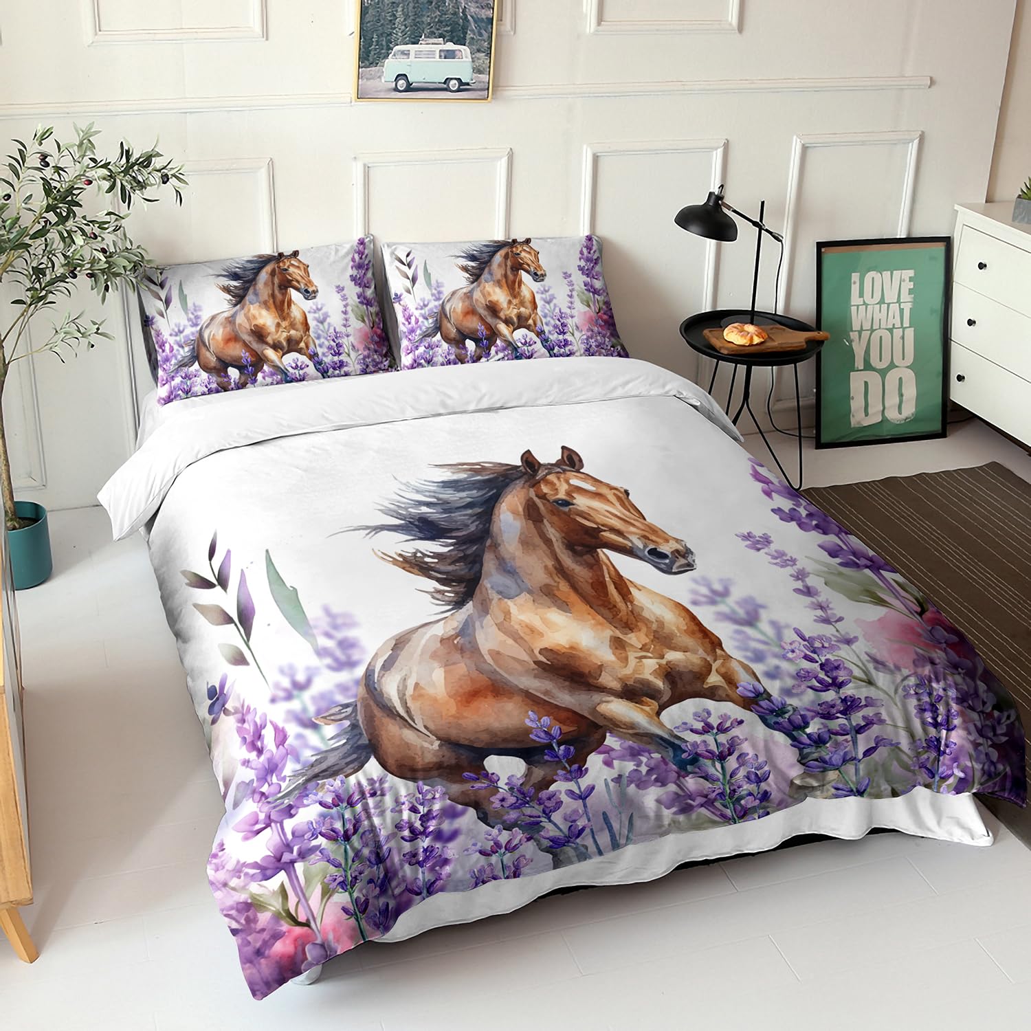 AILONEN Horse Duvet Cover Twin Size, Galloping Horse Bedding Set for Boys Girls Kids,Lavender Flowers Comforter Cover 3PCS,1 Quilt Cover and 2 Pillowcases,Soft Microfiber