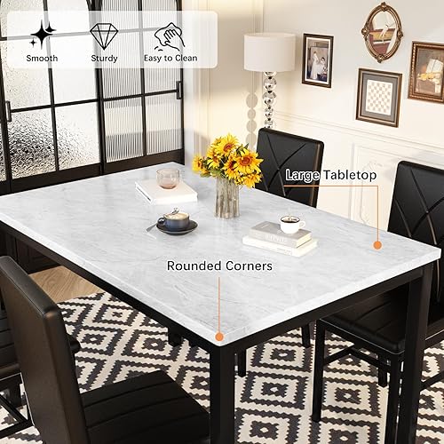 Miniatura 6 de Juego de mesa de comedor Hooseng para 4, mesa de cocina de mármol sintético y sillas, juego de 4, 5 piezas con sillas de cena tapizadas en PU para