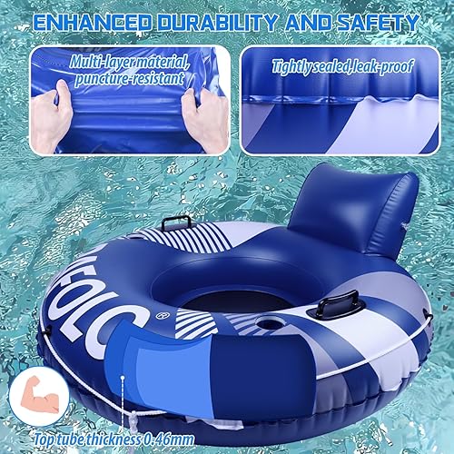 Miniatura 6 de Pool Float Adult, Inflatable River Tube Float, River Tubes for Floating Heavy Duty with Mesh Bottom, Comfortable Backrest & 2 Cup Holders & Durable