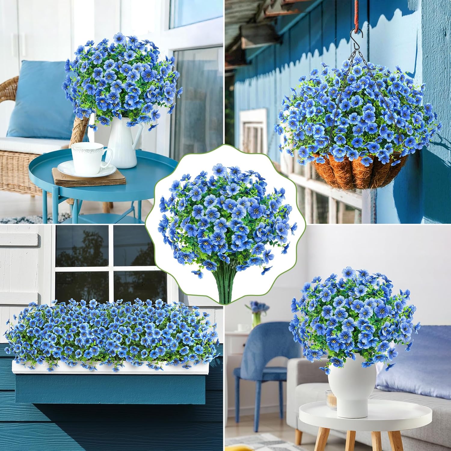 20 Bundles Artificial Flowers for Outdoors Decoration Fake Silk Flowers UV Resistant Faux Plants Artificial Daisy Eucalyptus for Spring Summer Garden Yard Porch Window Home Decor, Blue - Image 5