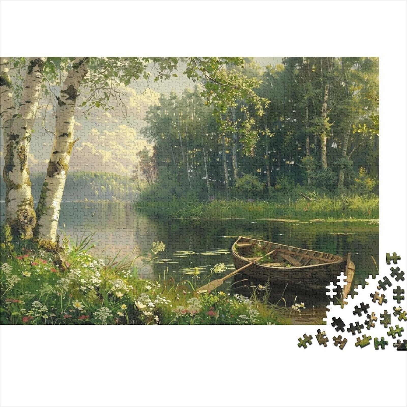Wooden Boat Lake Scene 1000 Piece Jigsaw Puzzle Premium Paper Decompression High Difficulty Unique Lake Boat Forest for Team Building 38x26cm/1000pcs — image 1