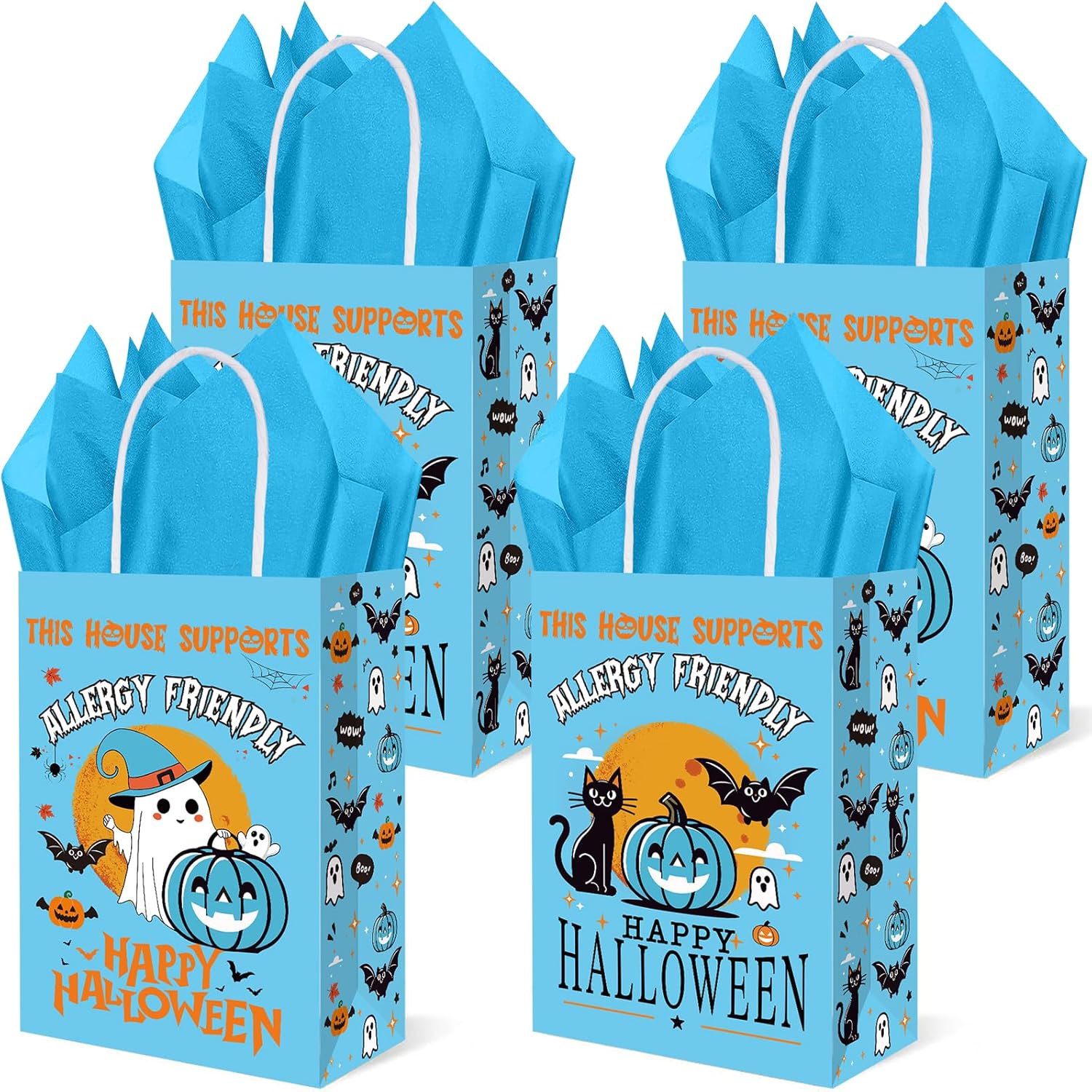 TAKEALOOKO Halloween Candy Goodies Bags- 16Pcs Halloween Teal Pumpkin Project Gift Bag Trick or Treat Giftbags with Tissue Papers for Party Favor, Party Gifts Warp