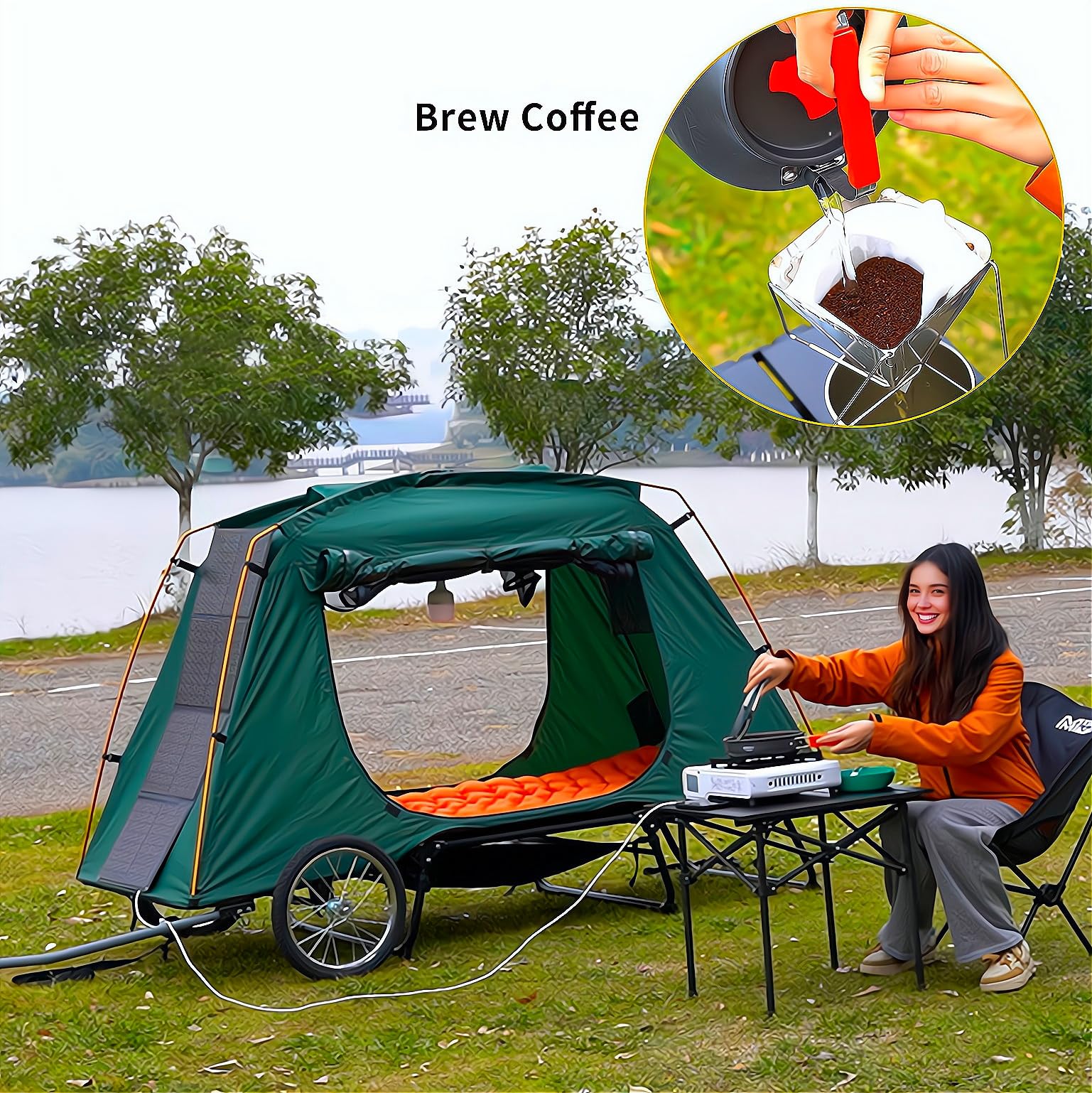 E-Bike Fahrrad Wohnwagen Fahrradwohnwagen Fahrradanhänger Zelt faltbar wasserdicht Moskitonetz Outdoor Camping