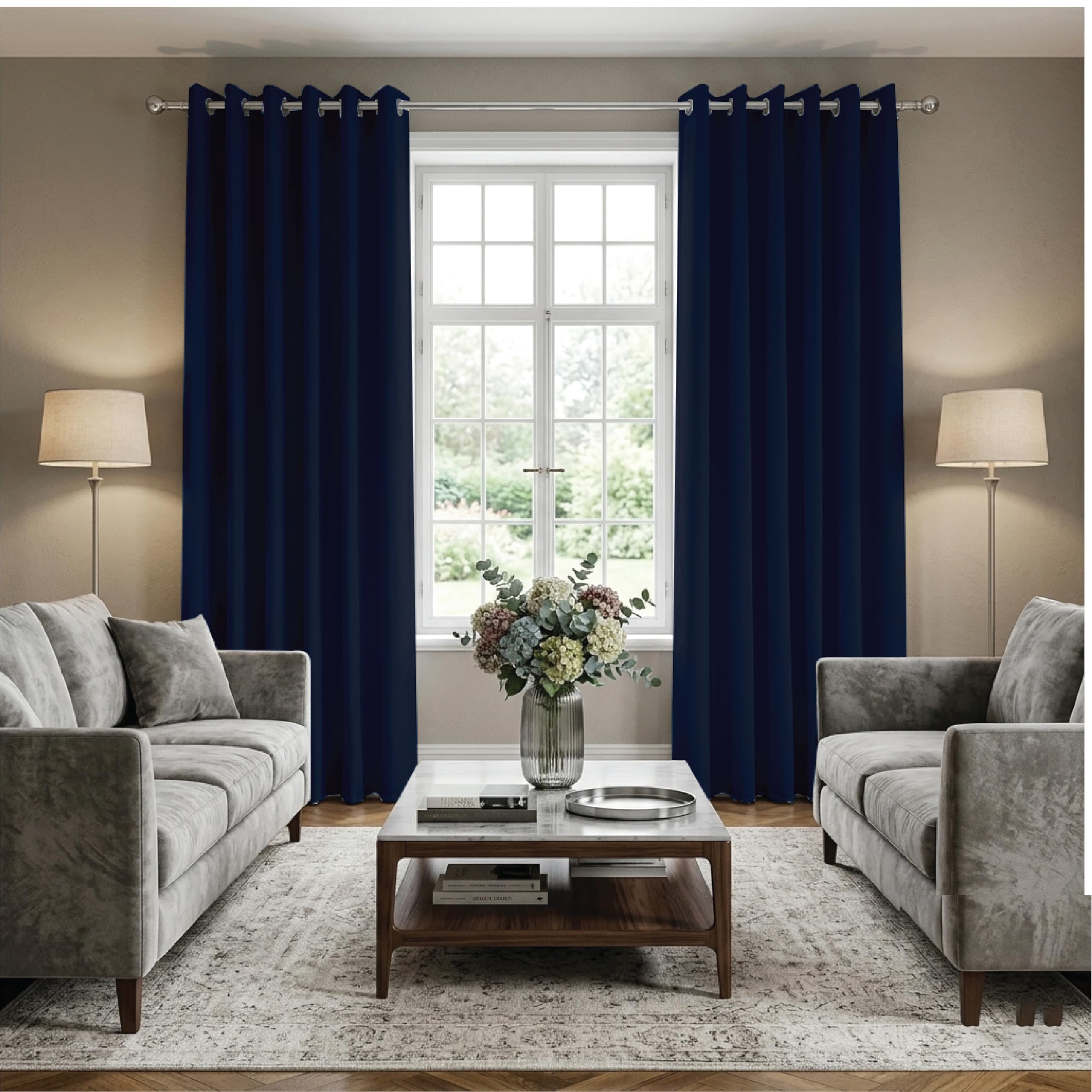 Ev Dekor® EVCRTN01 Thermal Blackout Curtains for Bedroom, Offices, Hotels Windows 46"(116cm) Wide X 90"(228cm) Long, Navy - 2 Panels with Tie Backs