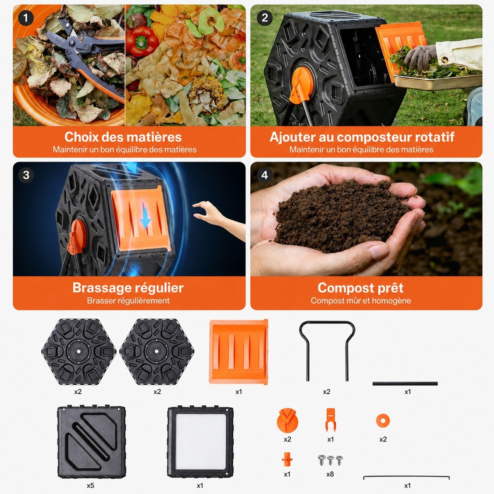 Composteur Rotatif de Jardin 70 L, bac à Compost à Chambre Unique, 360° Rotatif, en PP et Acier, Charge 20 kg