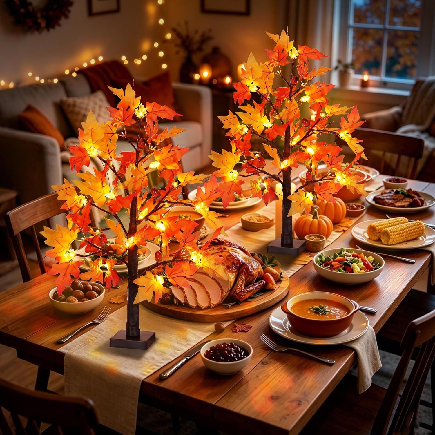 2 Pack 24 Inch Lighted Fall Maple Trees, Battery Operated Artificial Thanksgiving Table Decorations with Pumpkin Acorn Maple Leaves, Fall Centerpieces for Home Mantel Dining Table Friendsgiving Decor