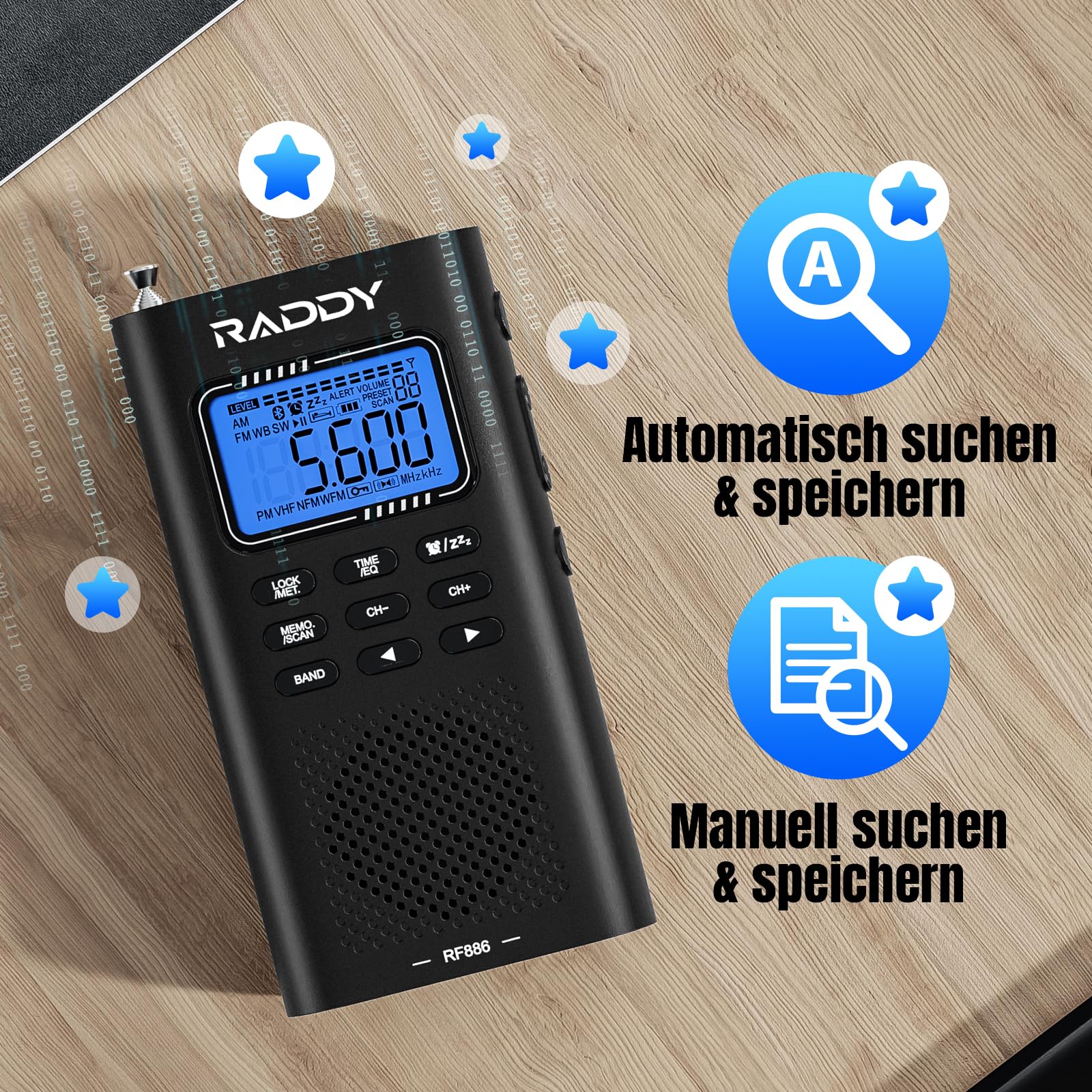 Raddy RF886 Tragbares Kurzwellenradio Kleines AM/FM/SW/UKW-Radio Digitalradio, Radio Batteriebetrieben und BT-Lautsprecher, 3 M Externe Antenne