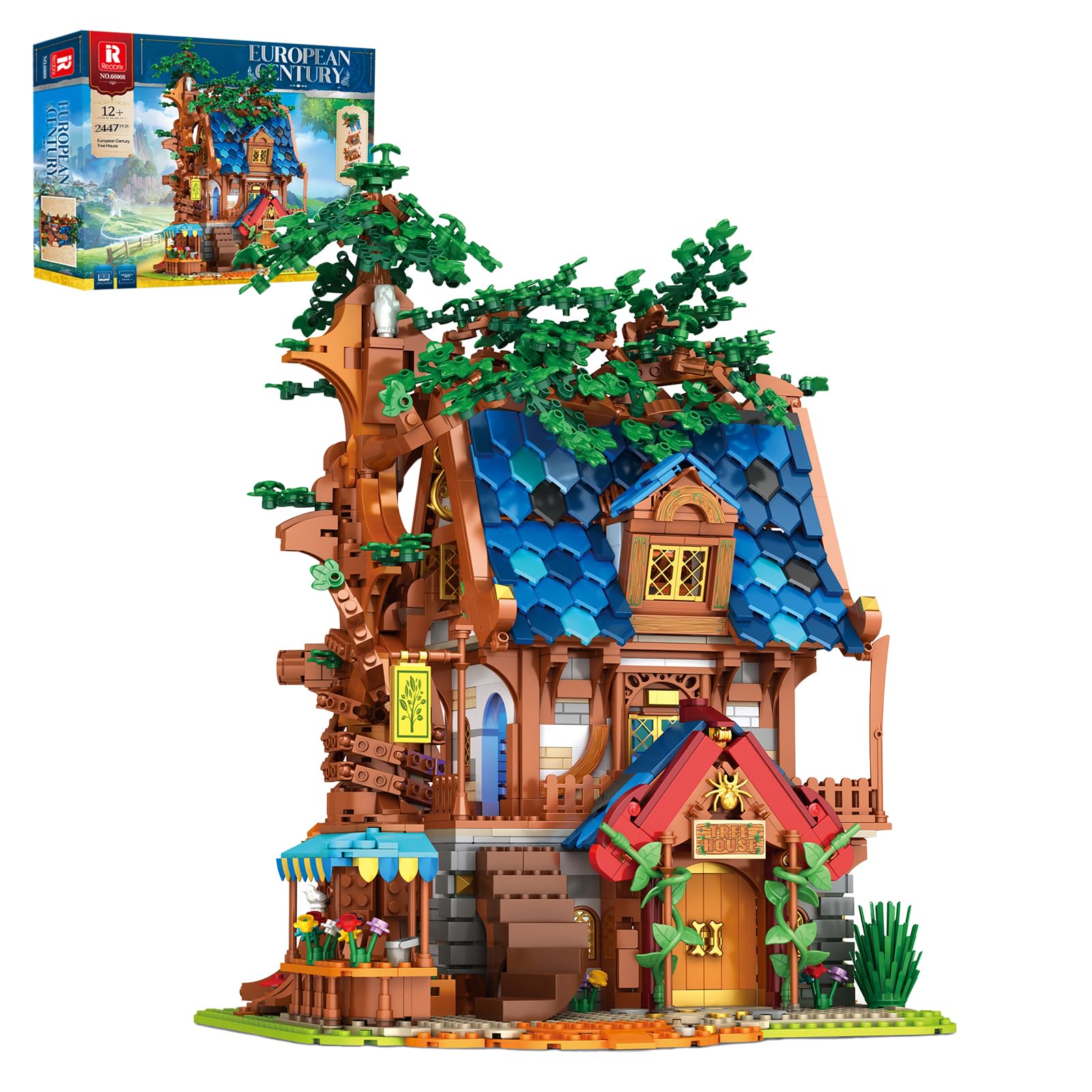 Reobrix Medieval Tree House Building Block Set, Lighting Architecture Display Home Office Decor, European Creative Construction Building Kits 66008, Gifts for Adults Teens 14+ (2447PCS)