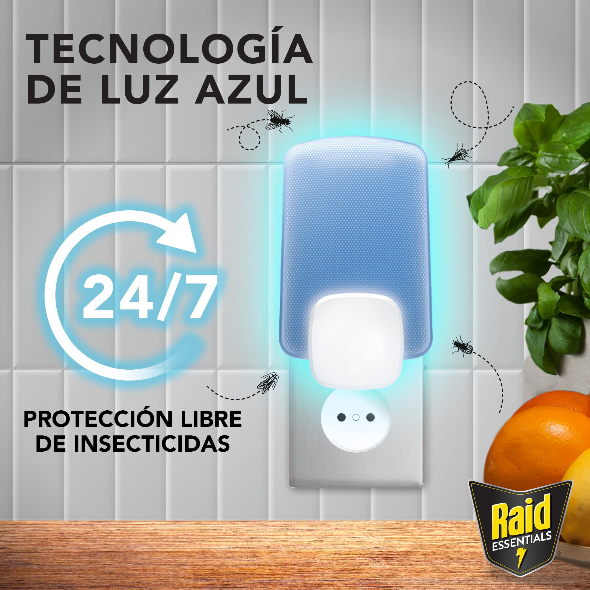 Raid Essentials Trampa LED Antimoscas, Antimoscas de Fruta y Antipolillas, Sin Insecticida, Seguro para Toda la Familia, Inodoro y Sin Residuos, Uso Interior, 1 Aparato y 1 Recambio.