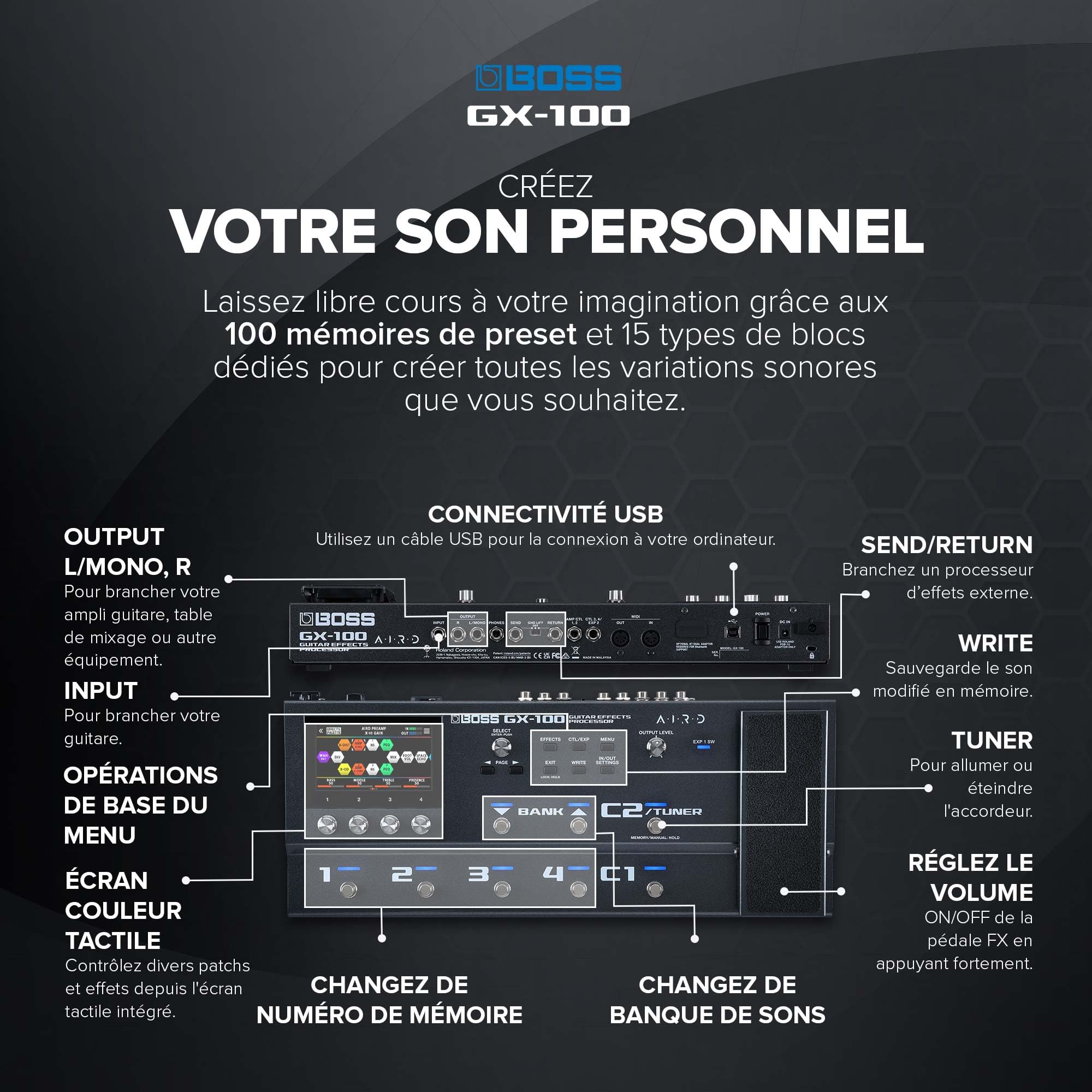 BOSS GX-100 | Processeur d'effets évolué pour guitare | Sons authentiques d'amplis à lampes grâce à la technologie AIRD | 32 types d'ampli et plus de 170 effets BOSS