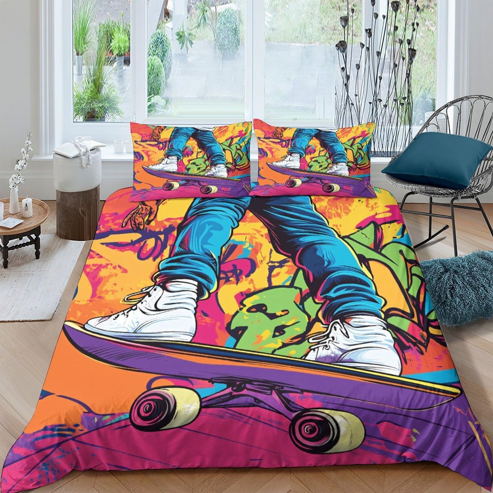 Ctjqhvkz Style-10 3D Printed Graffiti Skateboard Fitted Sheet Microfiber Soft Colorful Street Art Mattress Cover Bedroom Decor Single（135X200cm）