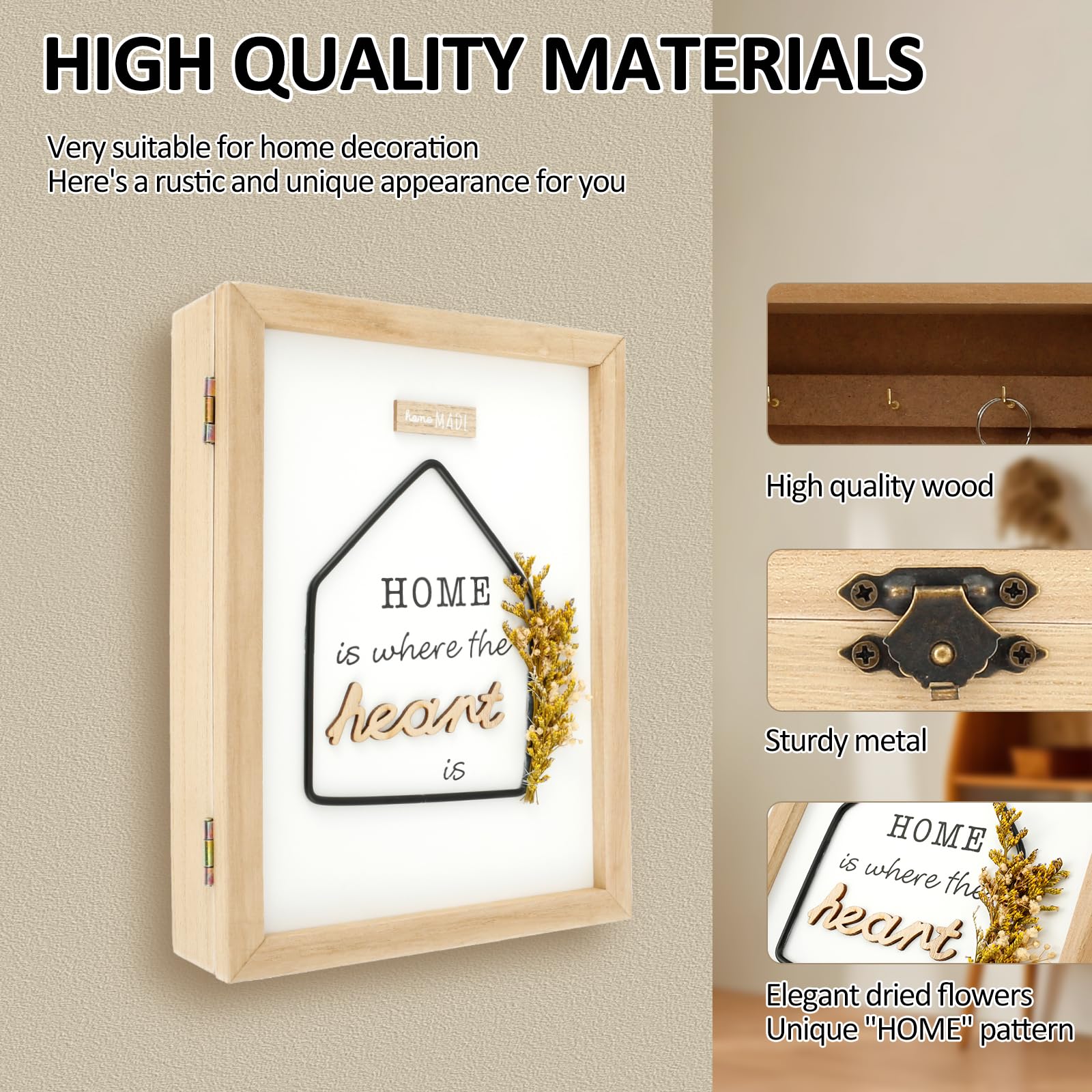 Tcwhniev Key Holder Wall Mount, Decorative Wood Key Box with 6 Key Hooks, Decorative Key Cabinet, Wall Key Holder Rustic Farmhouse Key Rack for Entryway Doorway Hallway Office Home Decor Gift