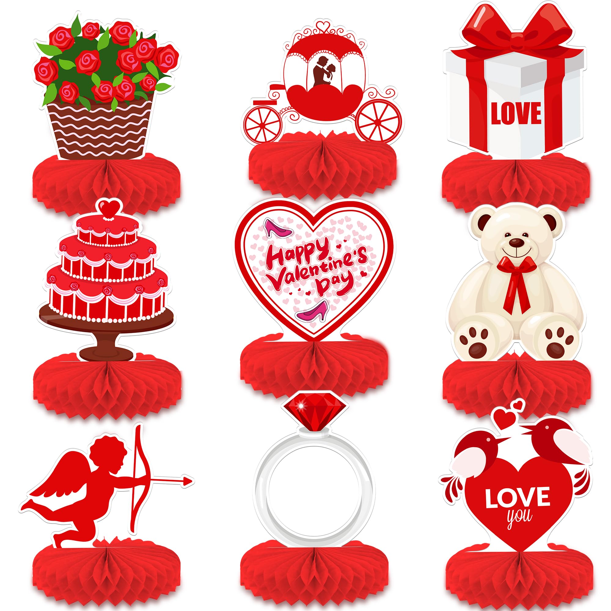 KatchOn, Red Valentines Centerpieces for Tables - Large, Pack Of 9 | 3D Valentine Honeycomb Centerpieces, Valentines Day Decorations | Valentines Table Centerpieces, Valentines Day Table Decorations
