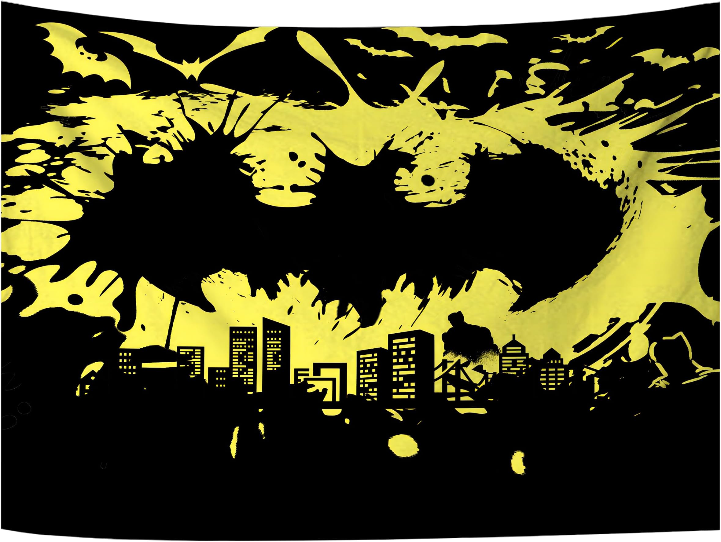 Livalur Bat and City Shadows Tapestry, Art Splatter Style Black and Yellow Wall Hanging for Bedroom, Dorm Decor, Multi Purpose Beach Coverlet Curtain Blanket 40"x60"