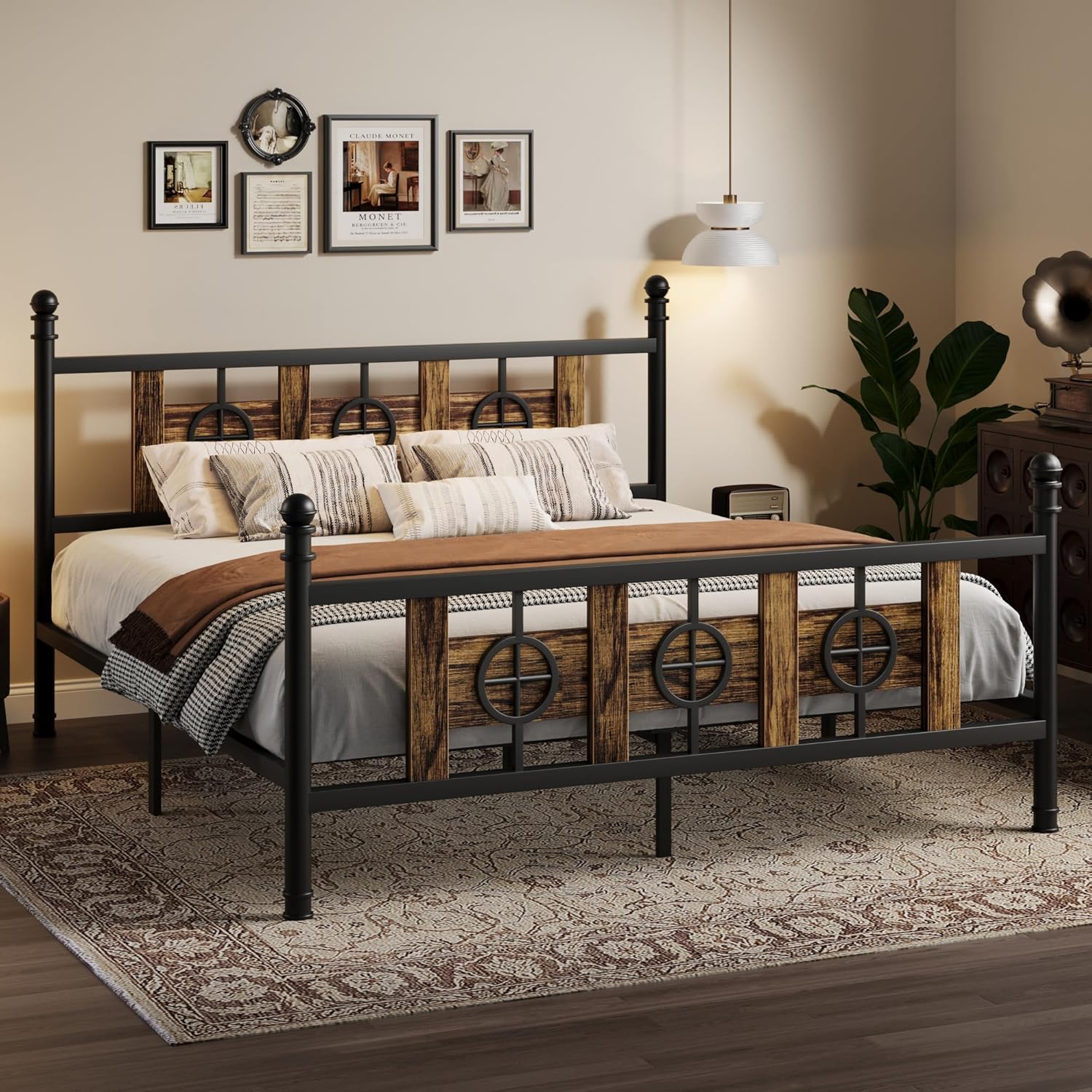 King Size Bed Frame with Headboard and Footboard & Storage Space Under Bed, Metal Twin Bed Frame w/ Vintage Circular Design, No Box Spring Required, Noise-Free, Easy Assembly (Brown, King Siz)