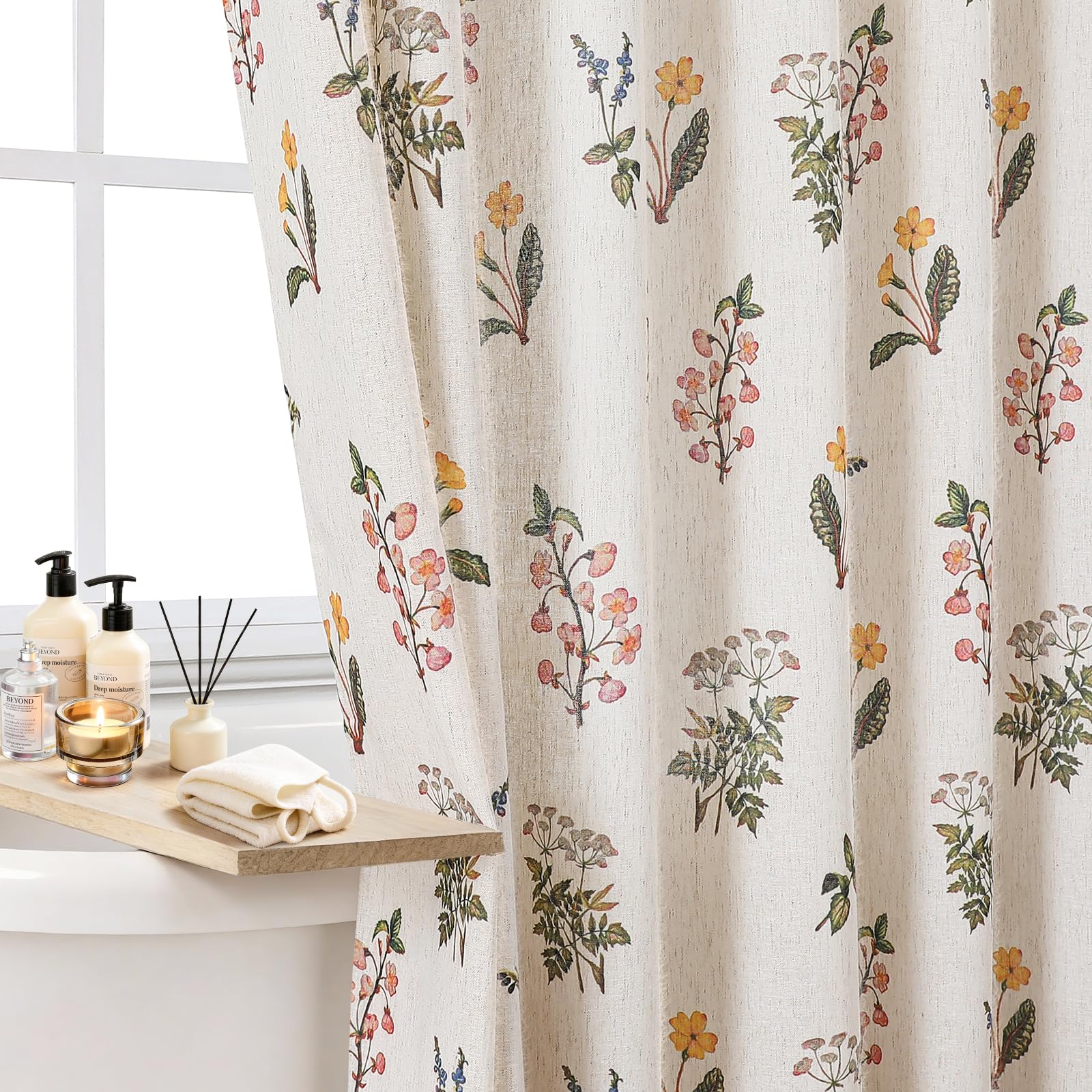 Colorful Star Floral Linen Shower Curtain, French Country, 180 x 180 cm