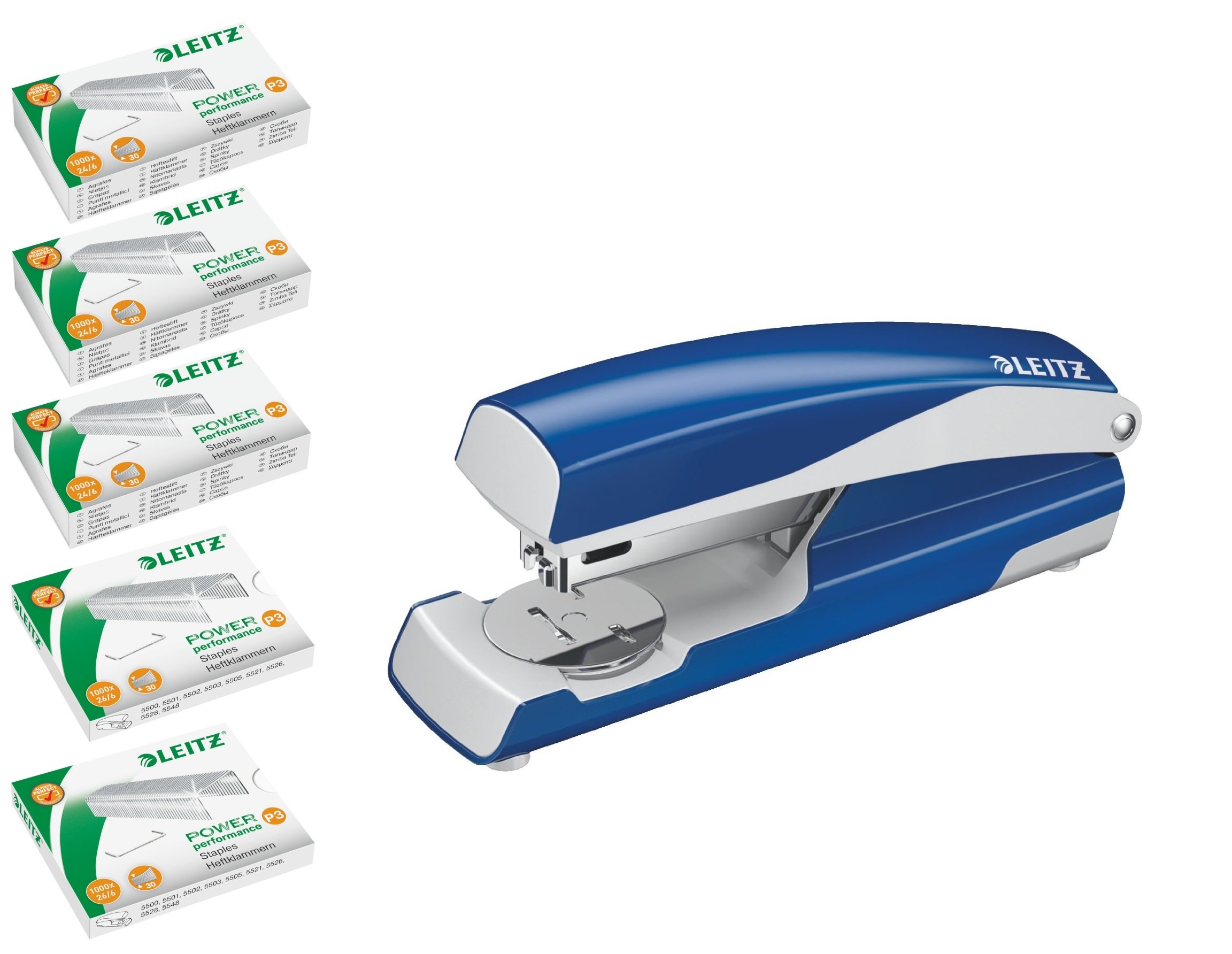 Leitz 5502 zszywacz biurowy NeXXt Series, metalowy, 30 arkuszy, w zestawie 5 opakowań zszywek po 1000 sztuk (niebieski, ze zszywkami)