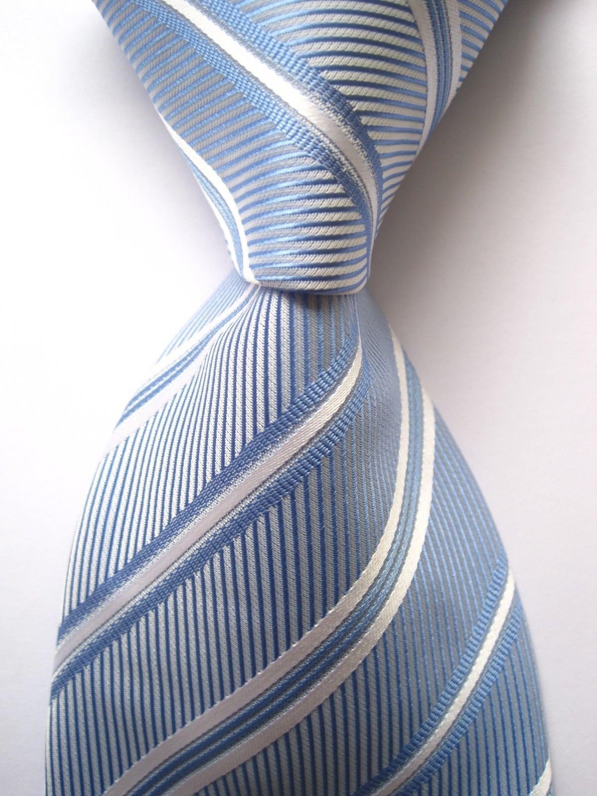 Allan Collection :New Classic Pastel Blue and White Stripes 100% Silk Necktie