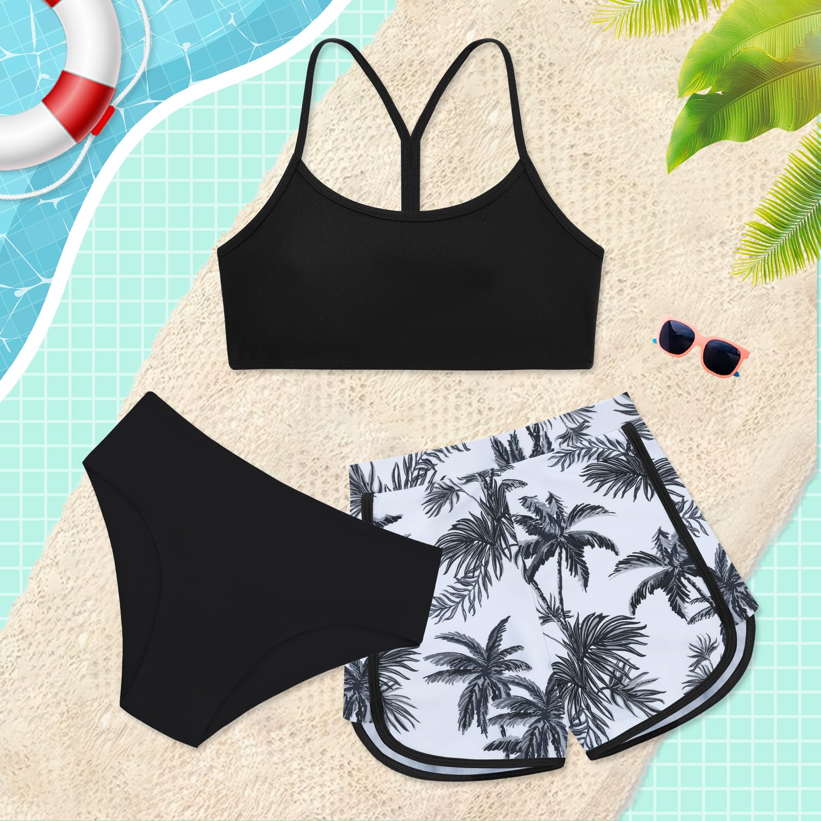 Weixinbuy Traje de baño de 3 piezas para niñas, conjunto de bikini sólido con pantalones cortos deportivos estampados para niñas de 9 a 16 años