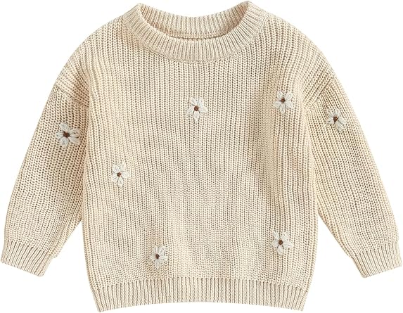 Toddler Baby Girl Boy Knit Sweater Cute Flower Embroidery Crewneck Pullover Long Sleeve Knit Infant Sweaters