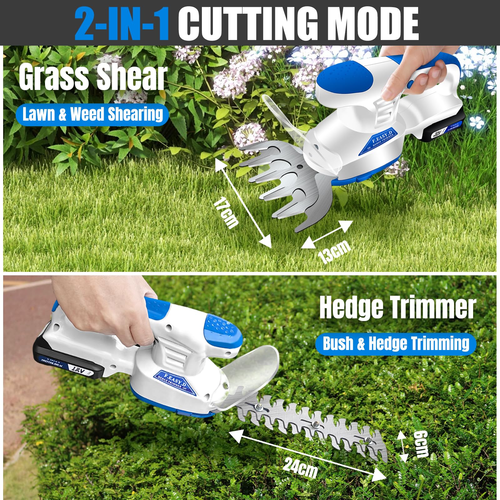Heckenschere Akku Grasschere 12V, 2 in 1 Gartenschere Rasenkantenschneider 25000RPM Heckenschere Elektrisch inkl. Akku&Ladegerät&2 Messer Aufsätze für Hecken Rasen