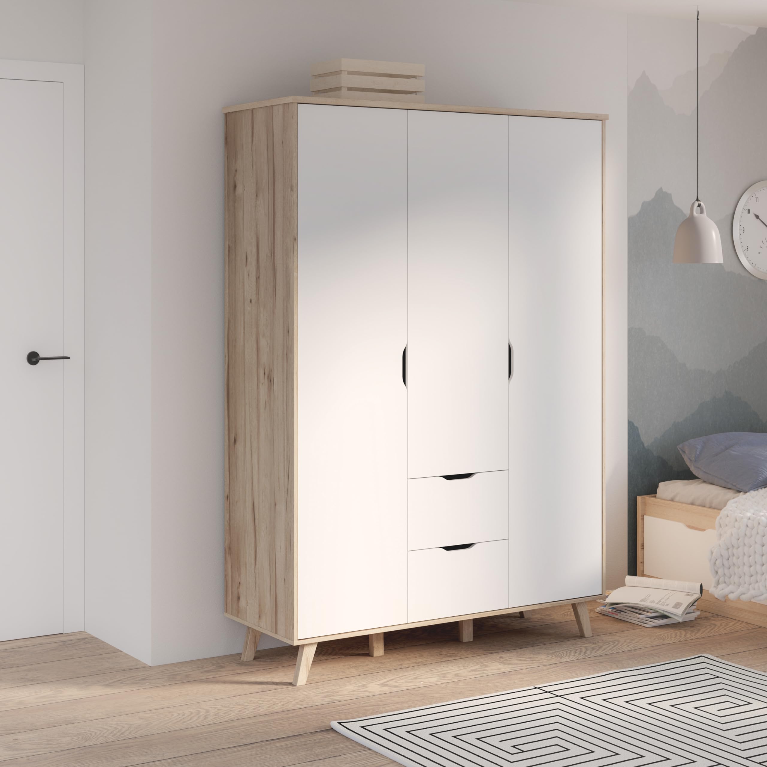 FORTE VANKKA Schrank 140, Kleiderschrank 2 Schubladen, Drehtürenschrank Skandinavisch, Schlafzimmerschrank Kinderzimmerschrank 3-türig Planked Eiche/Weiß, 139 cm breit x 201.5 cm hoch x 53 cm tief