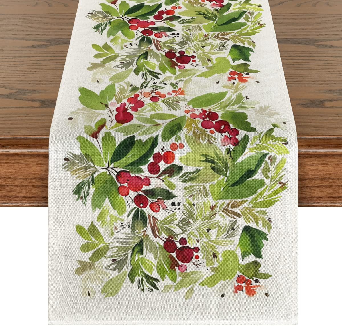 Artoid Mode Watercolor Holly Christmas Table Runner, Seasonal Winter Xmas Holiday Kitchen Dining Table Decoration for Indoor Outdoor Home Party Decor 13 x 72 Inch