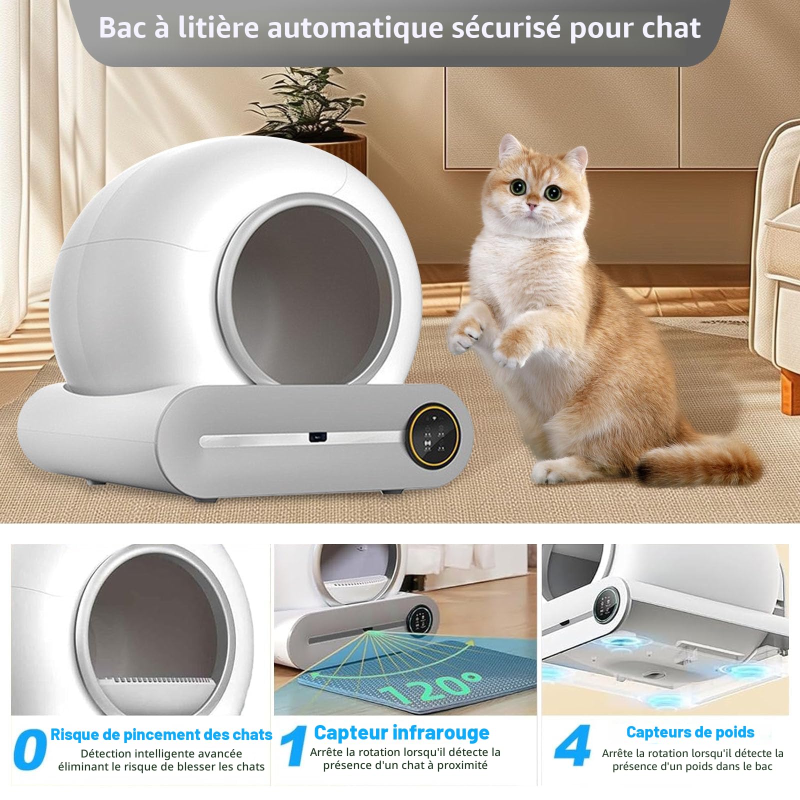 Bac à litière autonettoyant, électrique autonettoyant, bac à litière automatique avec application, fermé pour plusieurs maisons de chat, format XXL, isolation des odeurs
