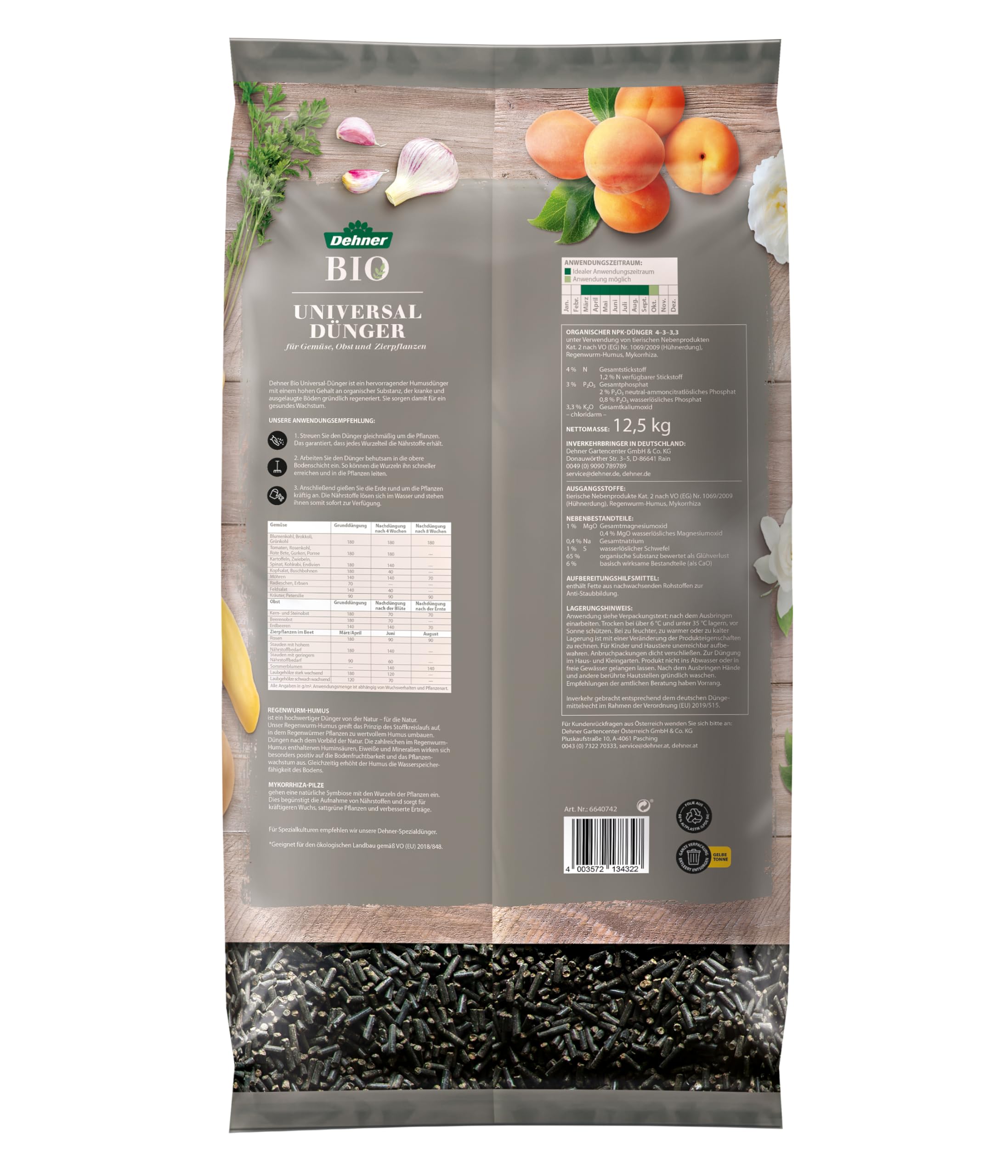 Dehner Bio-Dünger, hochwertiger Dünger für Gemüse / Obst / Zierpflanzen, organischer NPK-Humusdünger, ökologisch wertvoll, mit Regenwurm-Humus / Mykorrhiza, 12.5 kg, für ca. 75 qm
