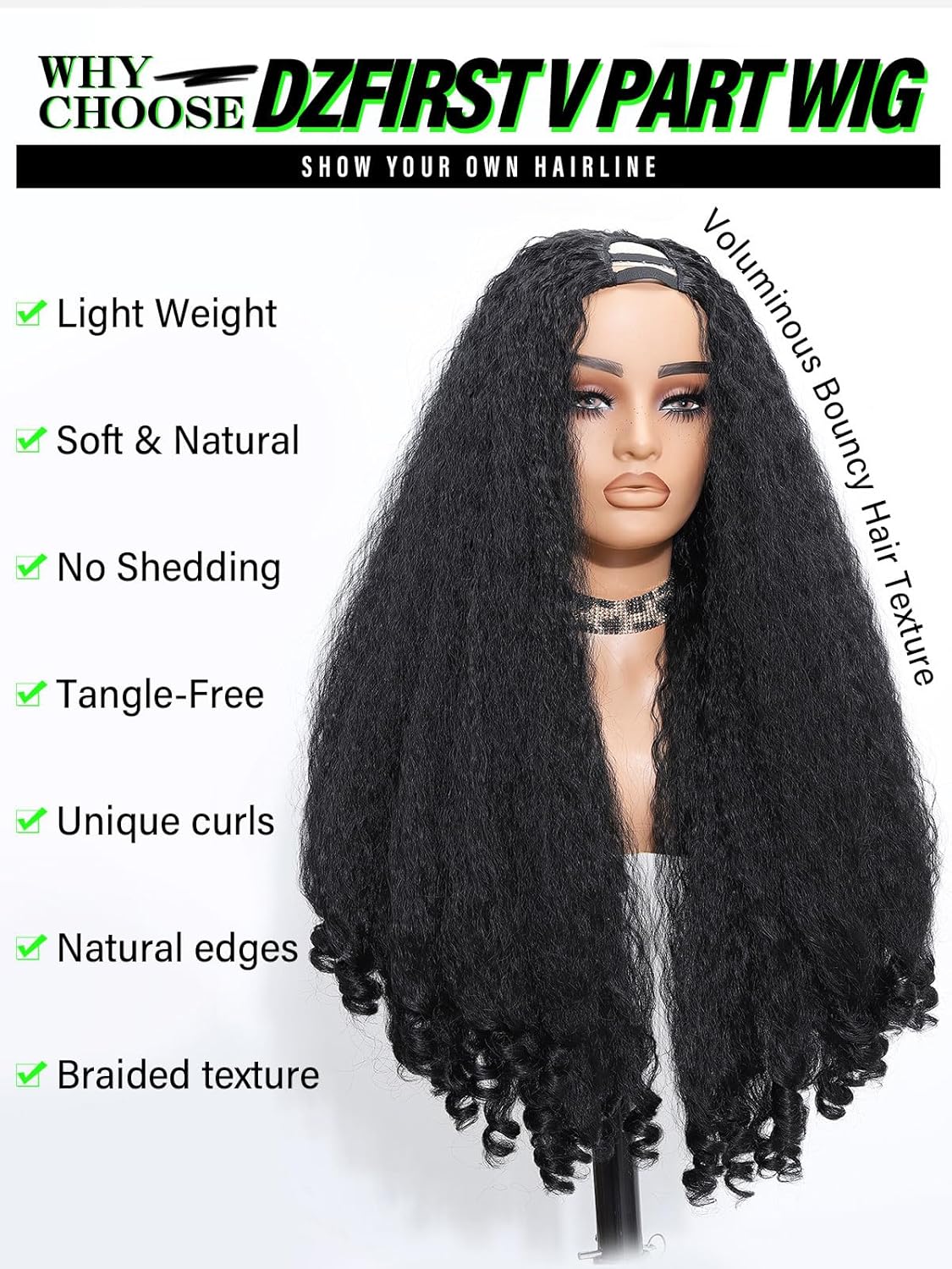 Glueless Kinky Straight V Part Wig 26 Inch，Afro Curly Wigs for Black Women，Wear and Go Half Wig With Bouncy Curls In the End (Natural Color)